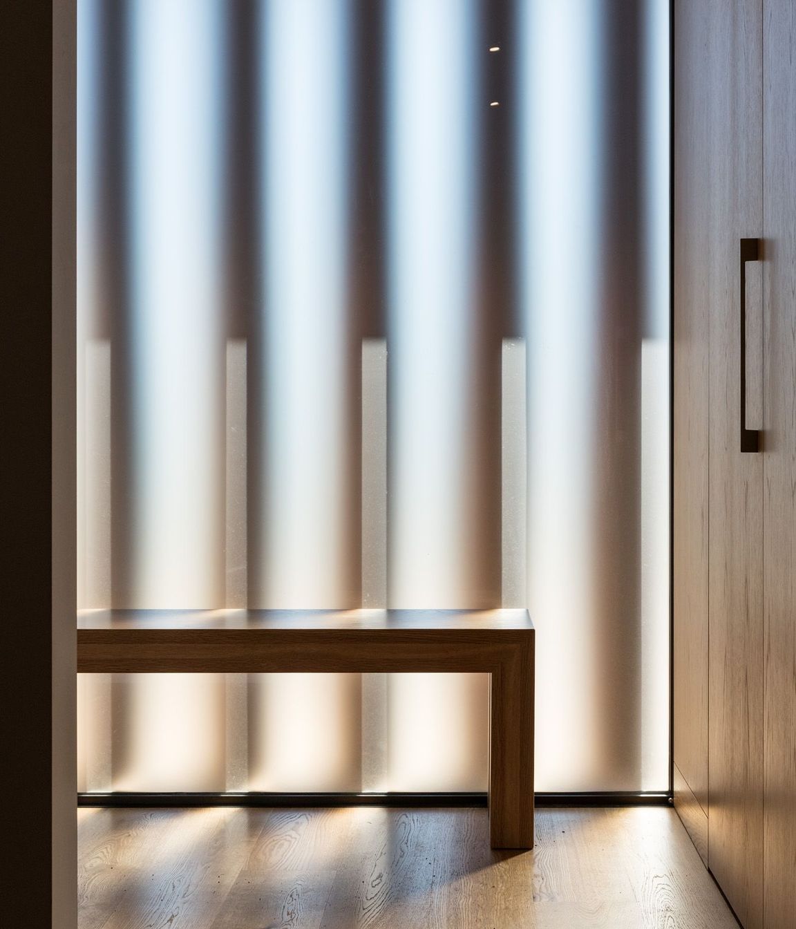 Inside the front entrance, looking through the frosted glazing and vertical louvres.