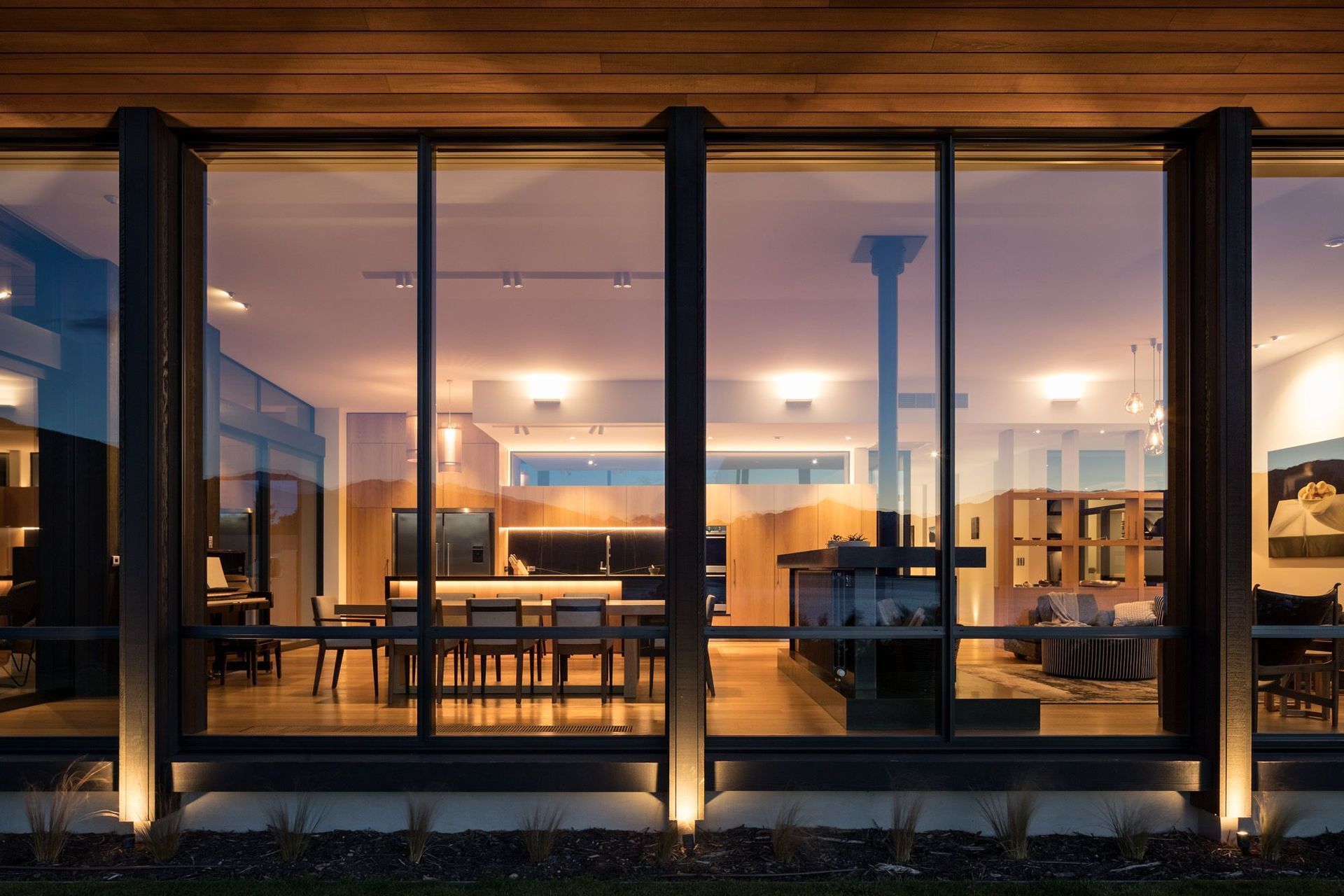 The living space lit up at night.