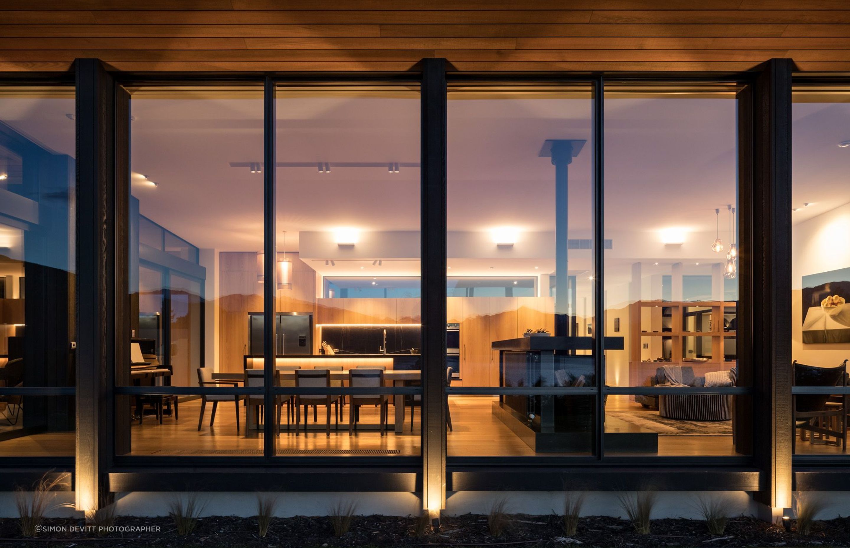 The living space lit up at night.