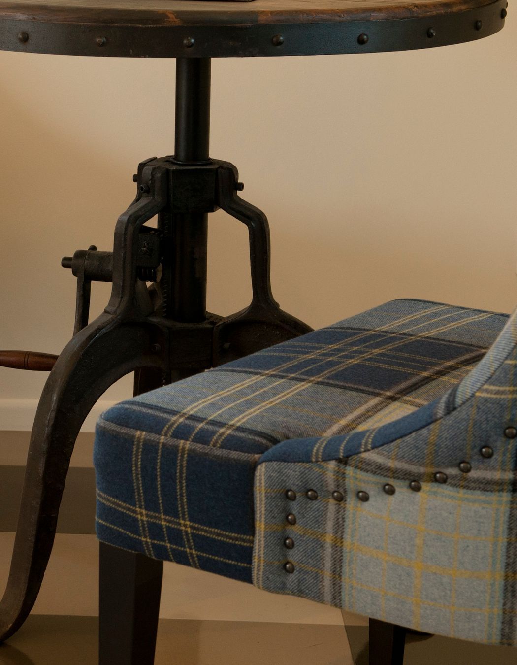 Leather, tartan, Donegal tweed upholstered furniture, and industrial tables are not mainstream