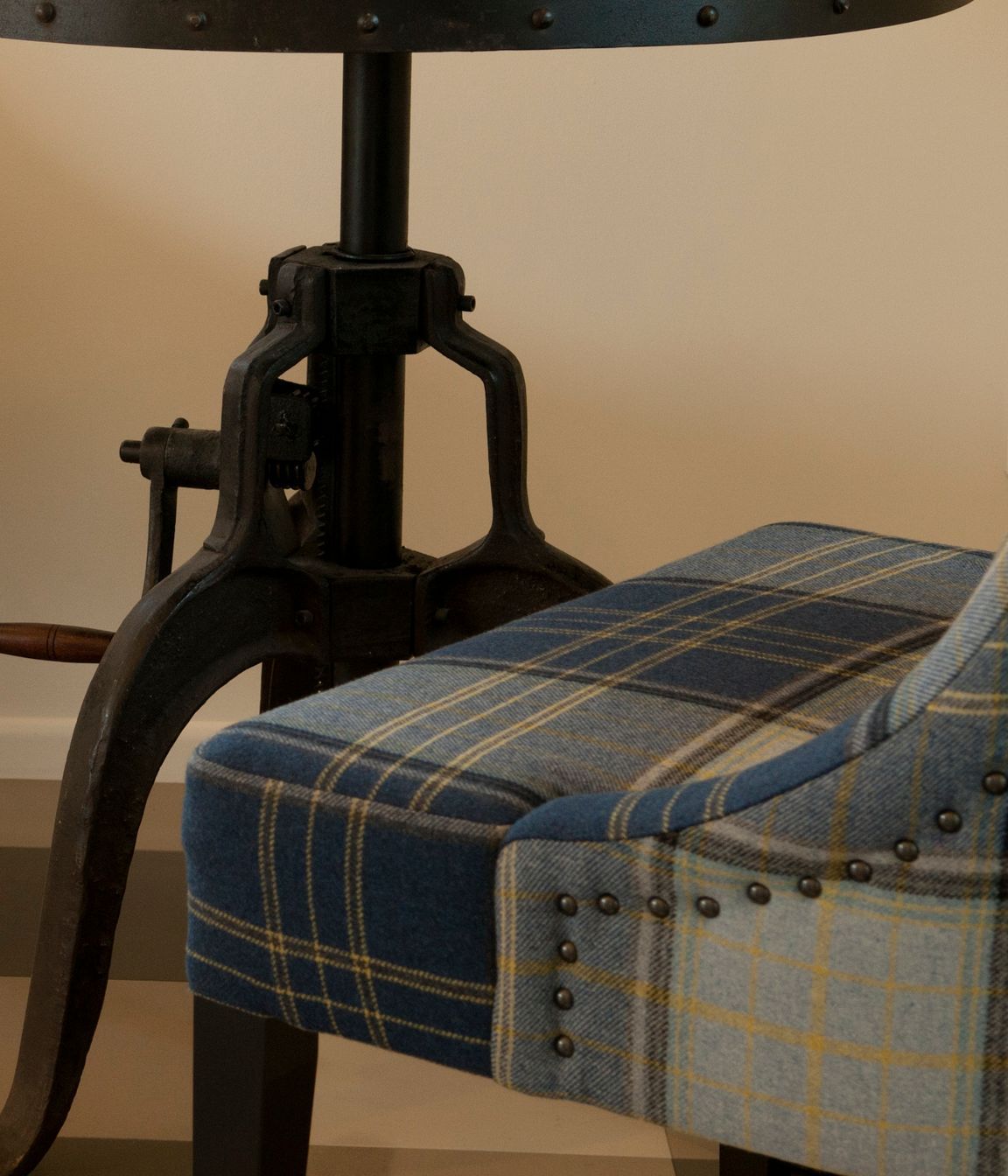 Leather, tartan, Donegal tweed upholstered furniture, and industrial tables are not mainstream