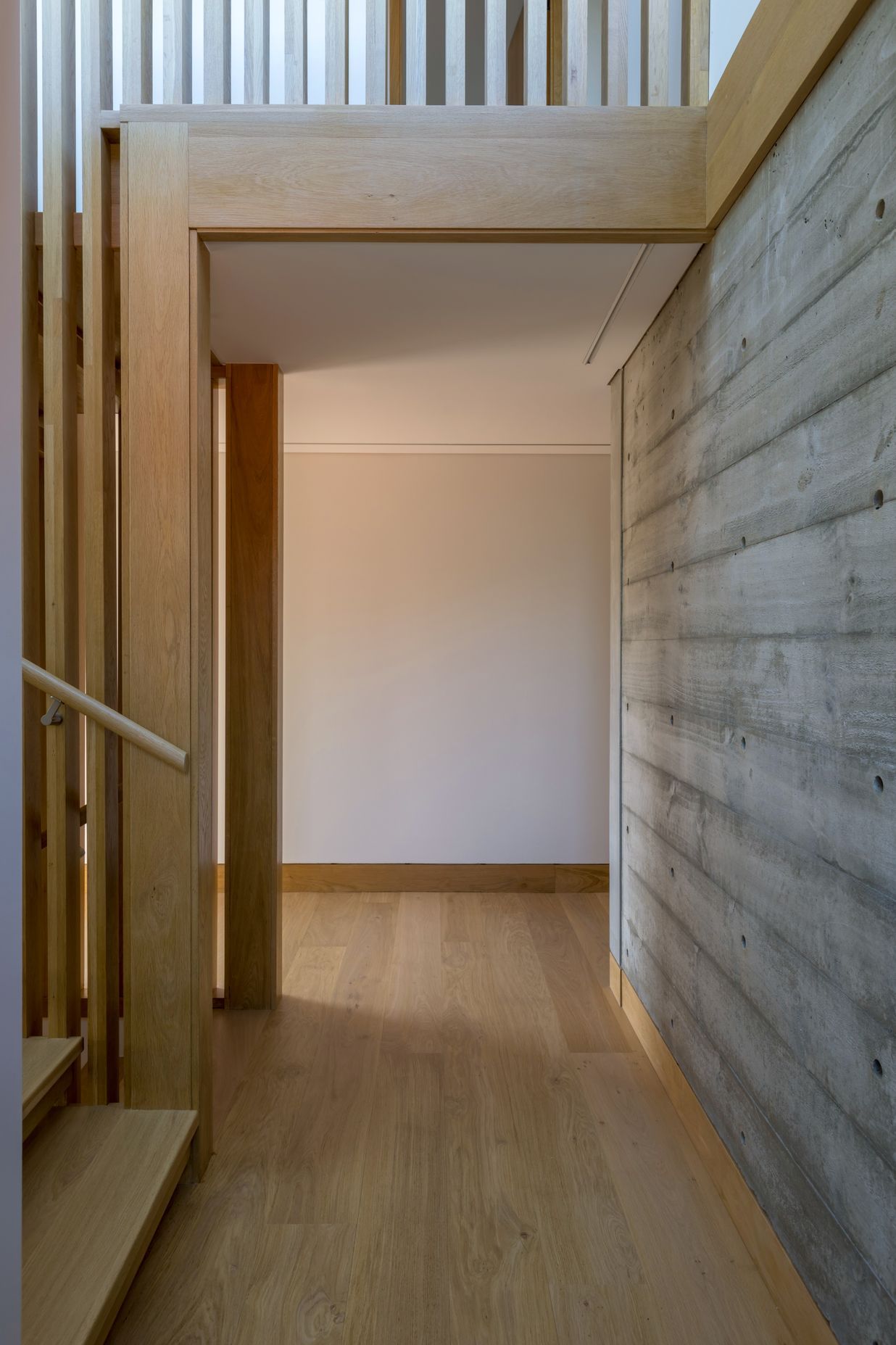 American oak timber stair details and boardform insitu panel, nice!