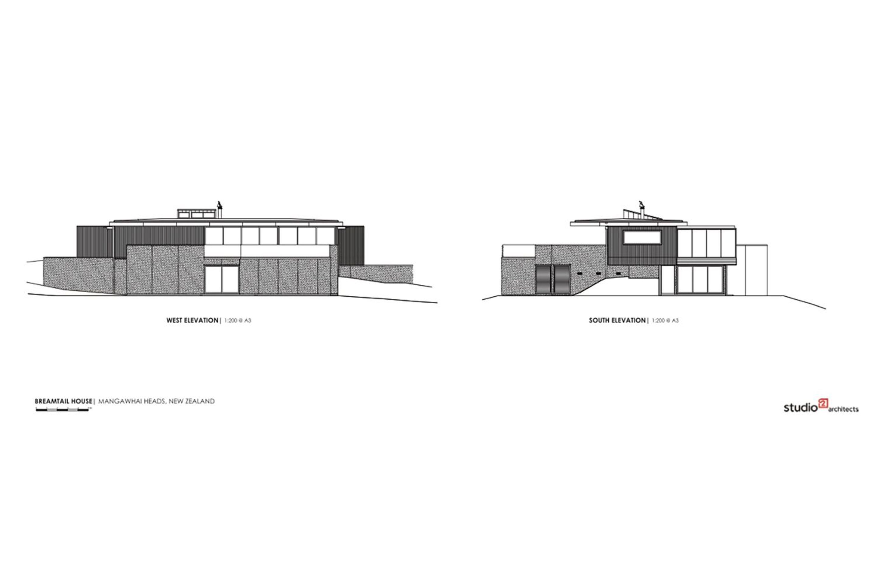 Breamtail House wast and east elevations by Studio2 Architects.