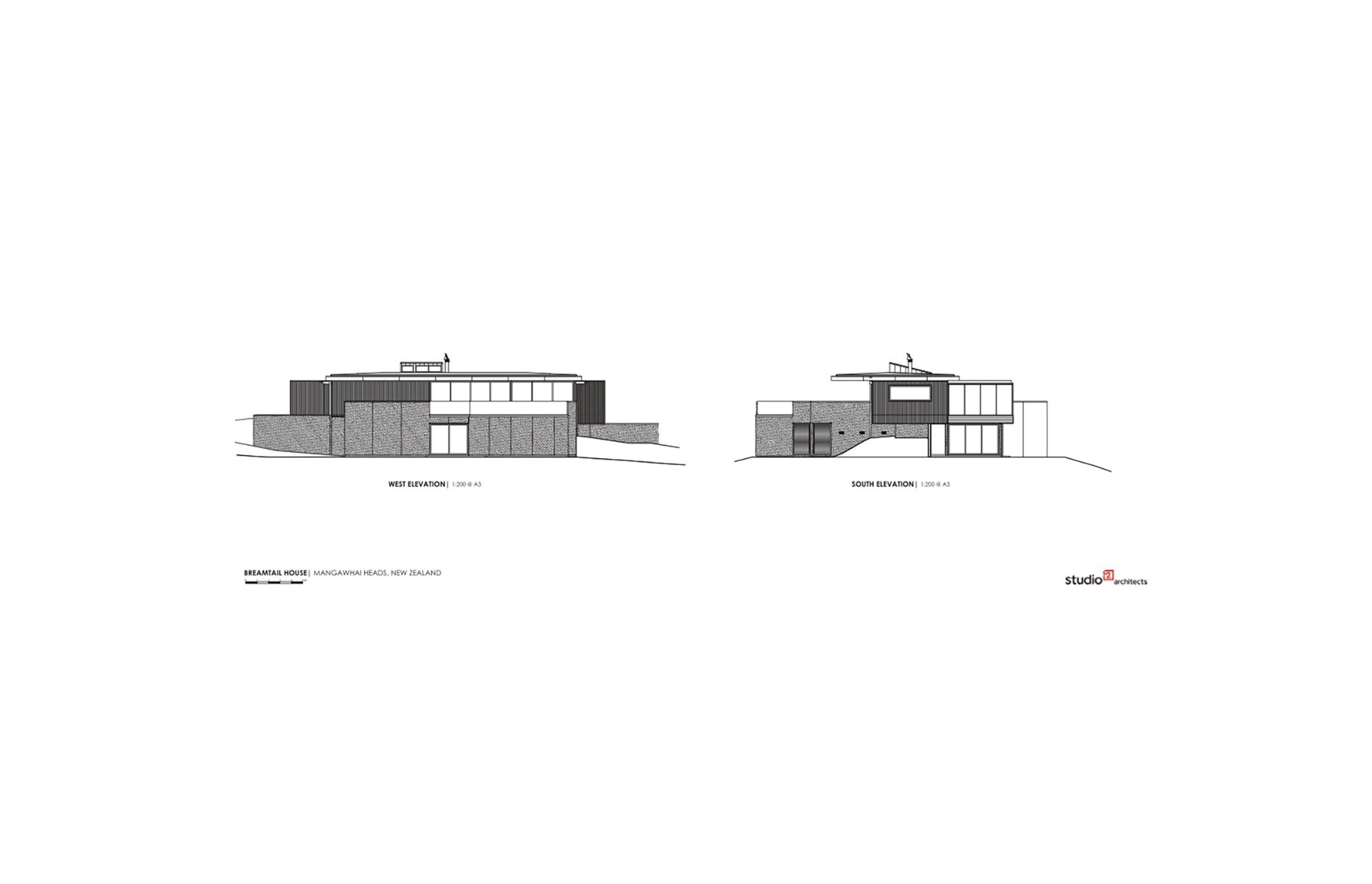 Breamtail House wast and east elevations by Studio2 Architects.