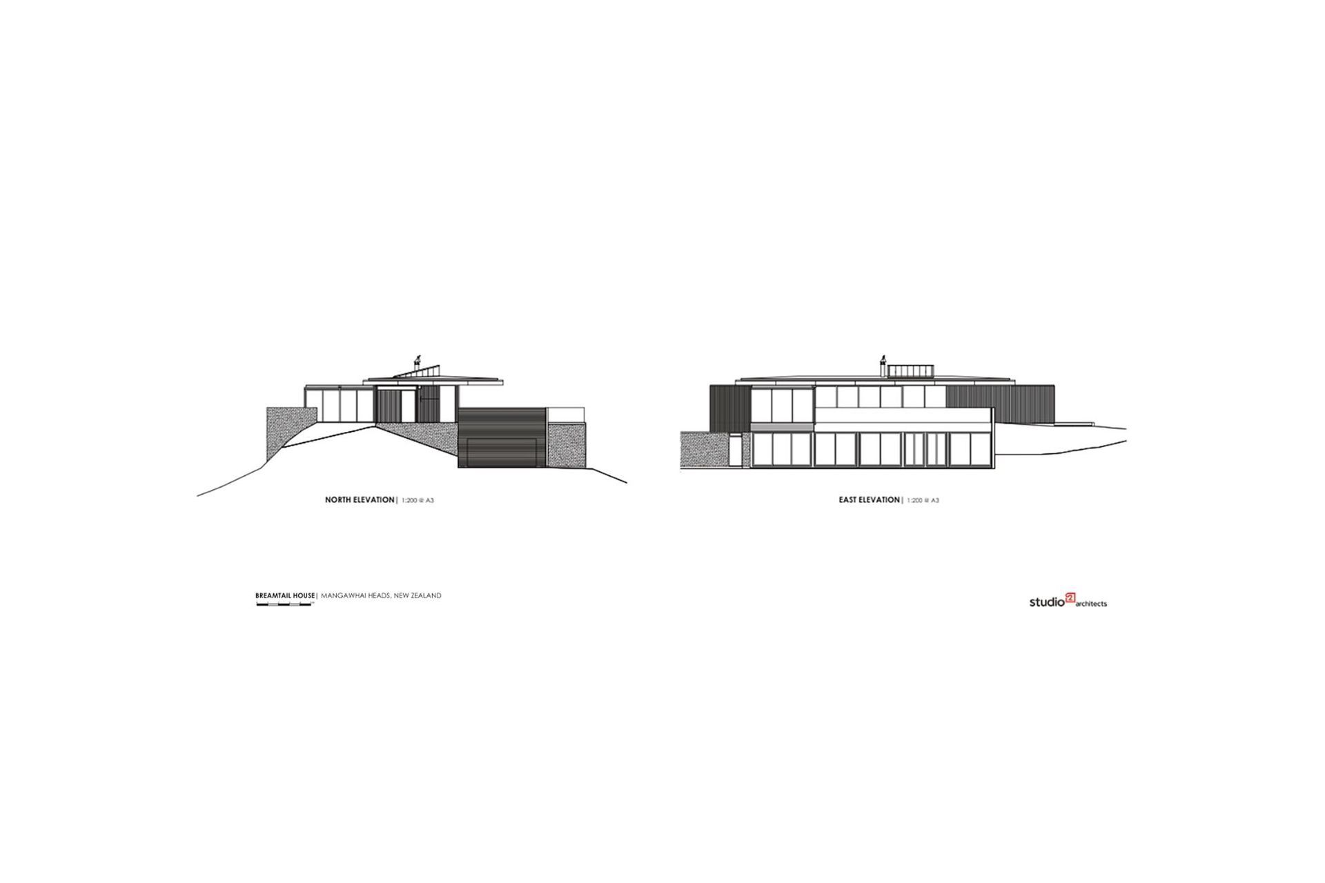 Breamtail House north and east elevations by Studio2 Architects.