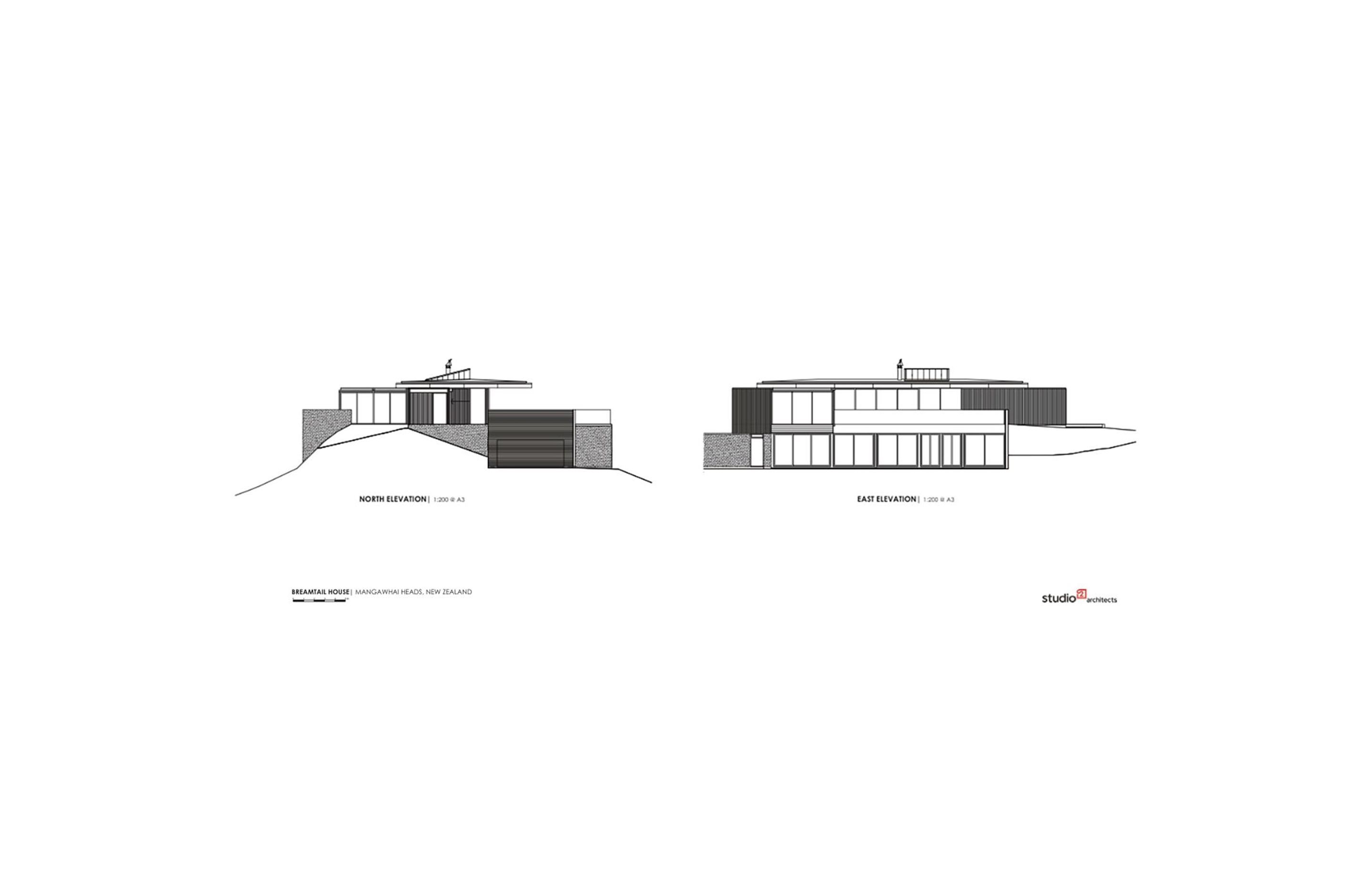 Breamtail House north and east elevations by Studio2 Architects.