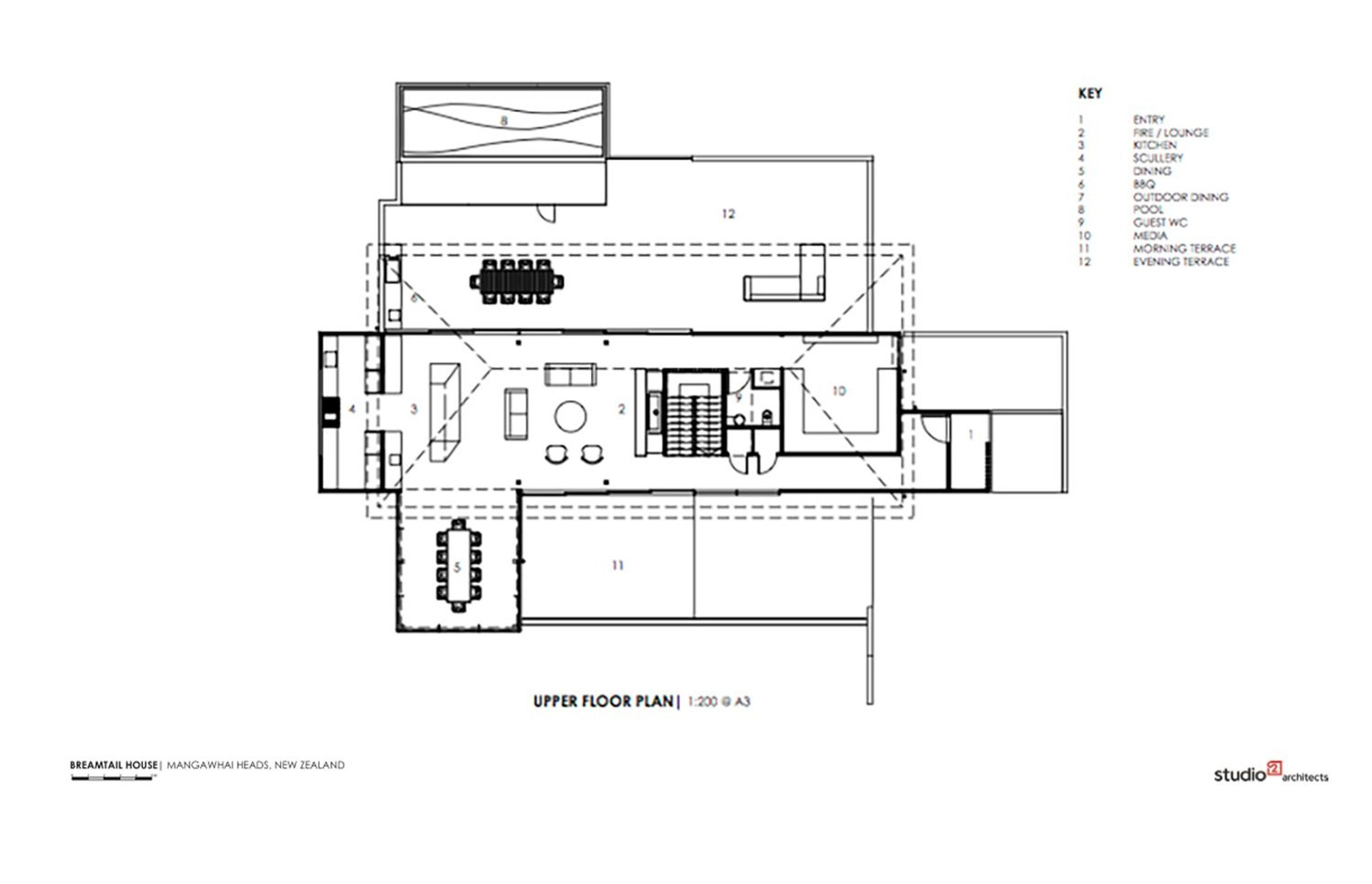 Breamtail House upper-floor plan by Studio2 Architects.
