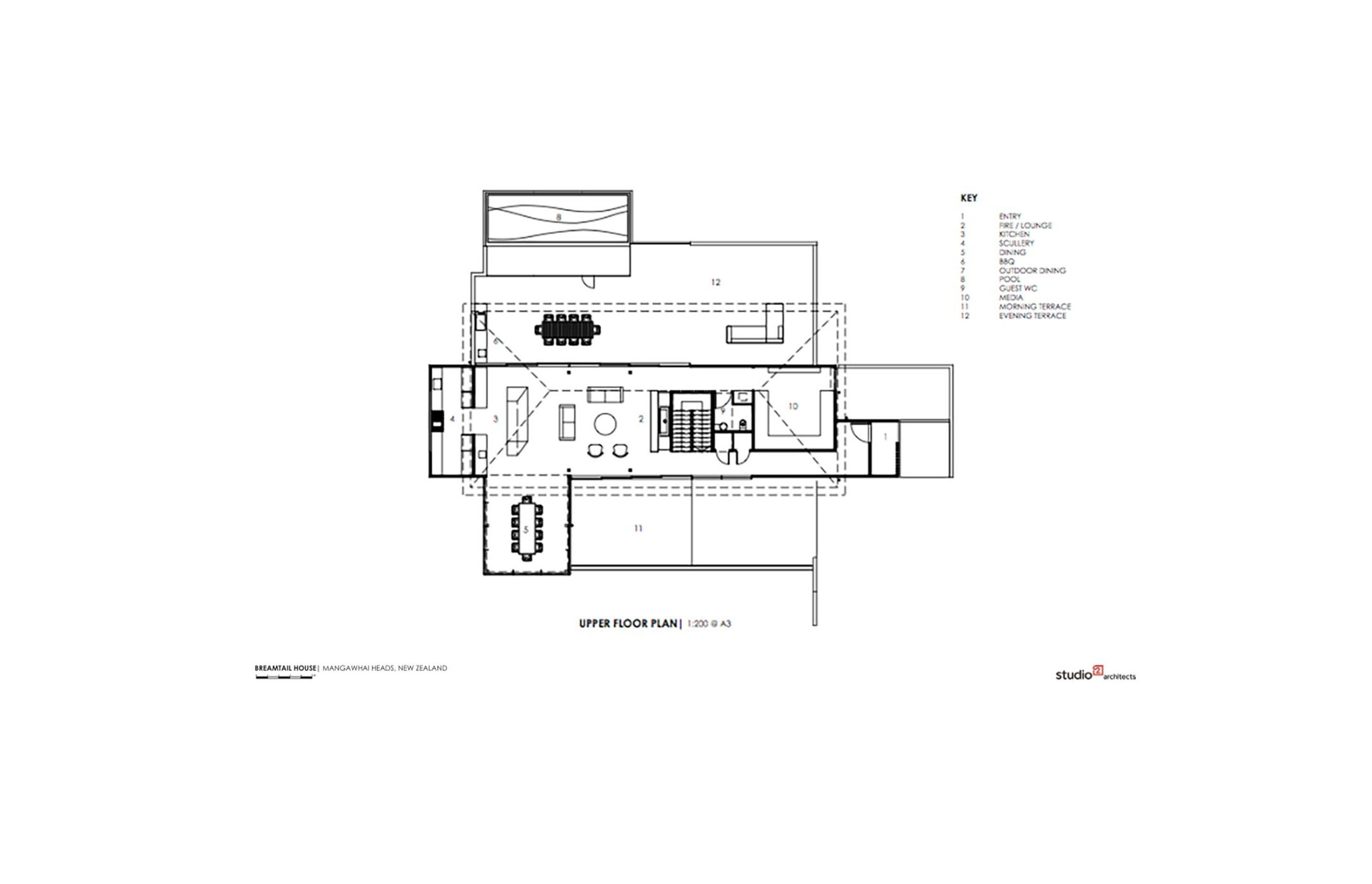 Breamtail House upper-floor plan by Studio2 Architects.