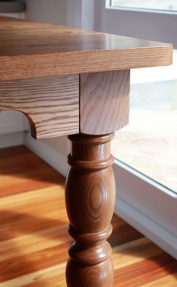 Close-up detail of a traditional turned timber table leg supporting a thick timber tabletop. The warm wood grain, rounded detailing, and polished finish are highlighted beside a bright window, with timber flooring visible in the background.