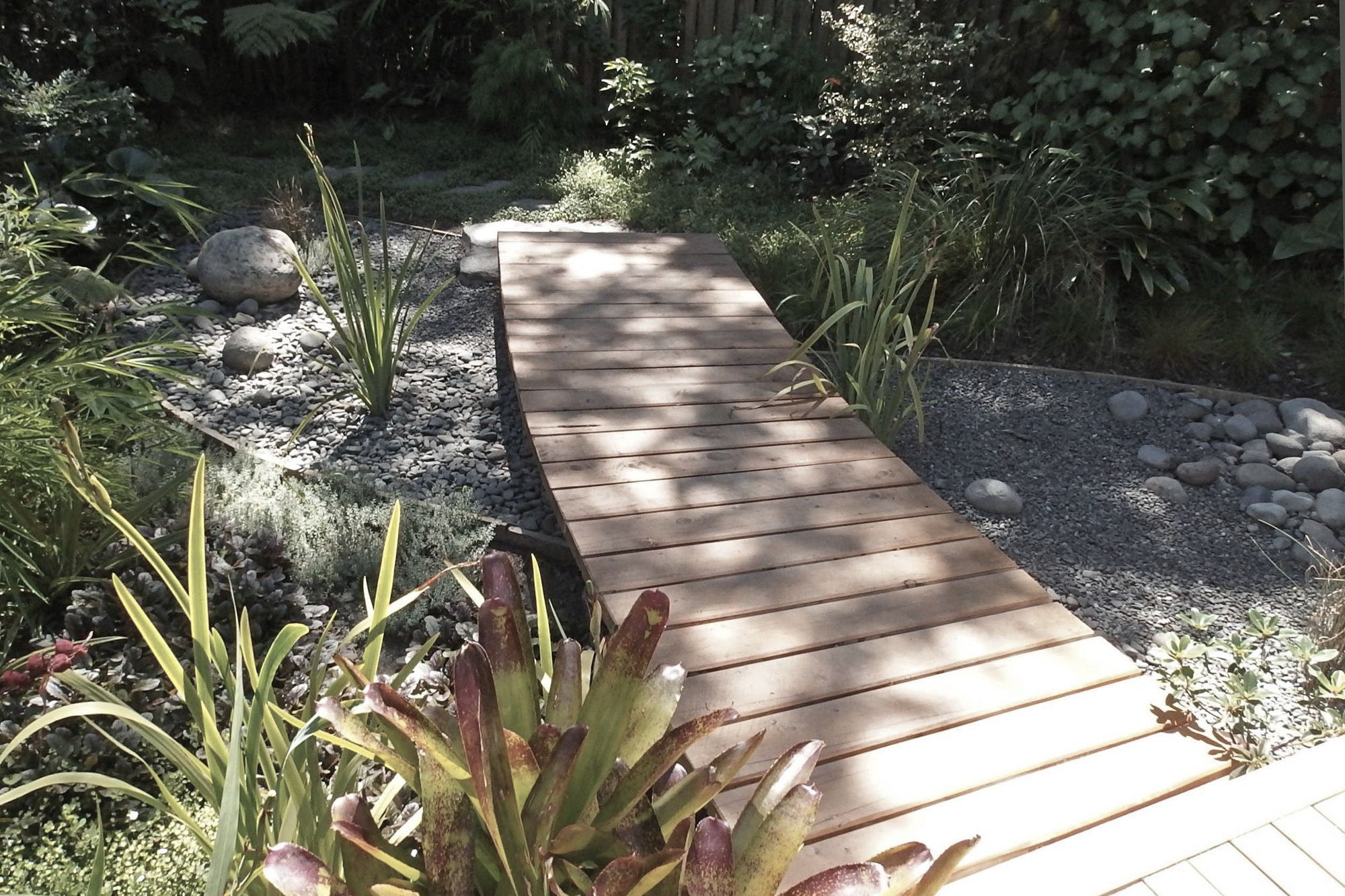 A boardwalk over the rain garden attended by lush planting