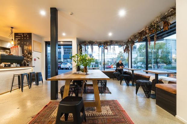 A bright, open café interior with a large coffee counter on the left, communal timber tables, stools, woven lounge seating, and full-height street-facing glazing. Exposed dark structural columns, polished concrete flooring, pendant and recessed lighting, and trailing greenery along the window line create a contemporary, relaxed hospitality setting.