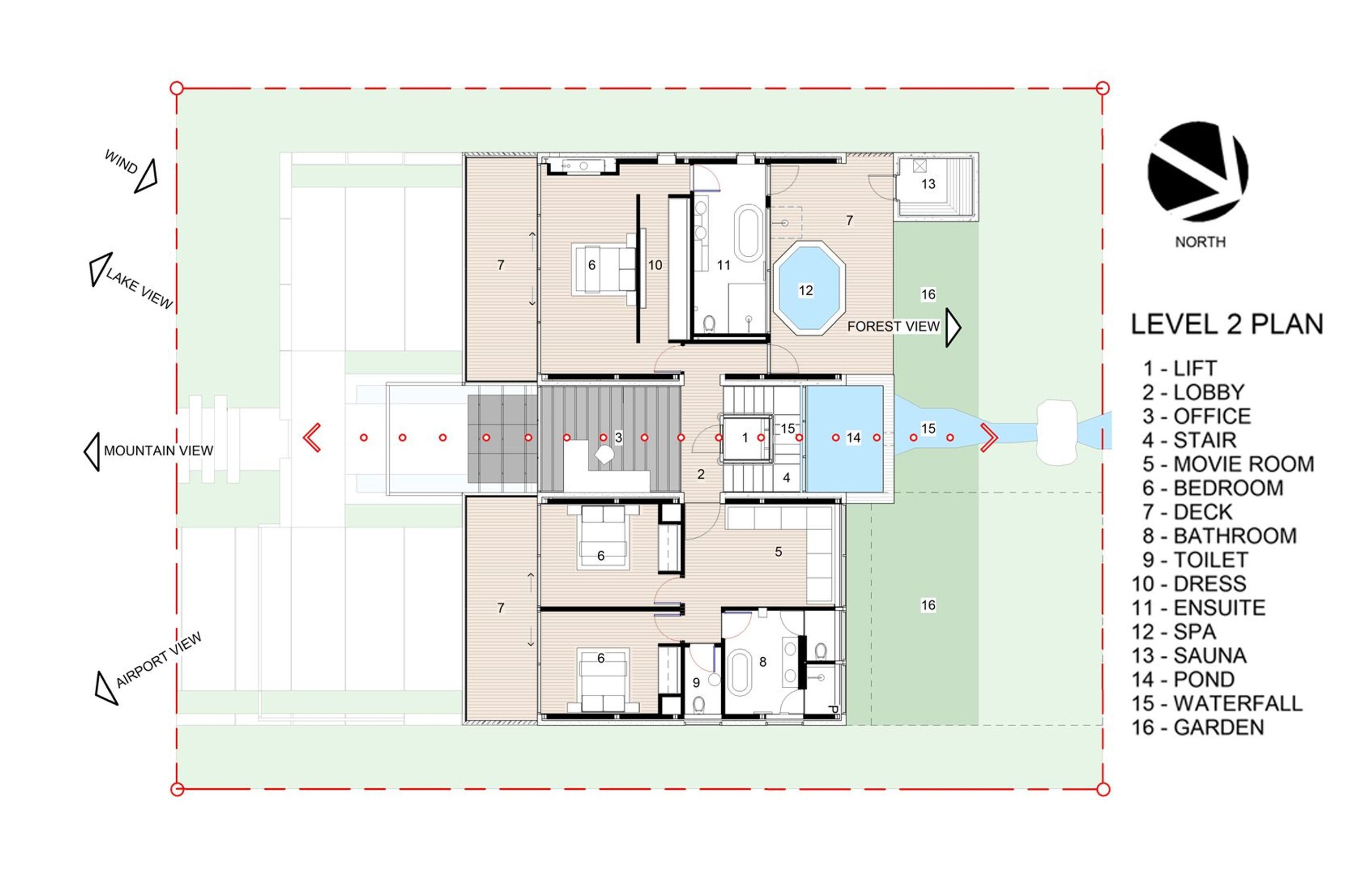 The plan of the second-floor shows the spa and sauna area at the rear of the property which overlooks a waterfall and pond area.