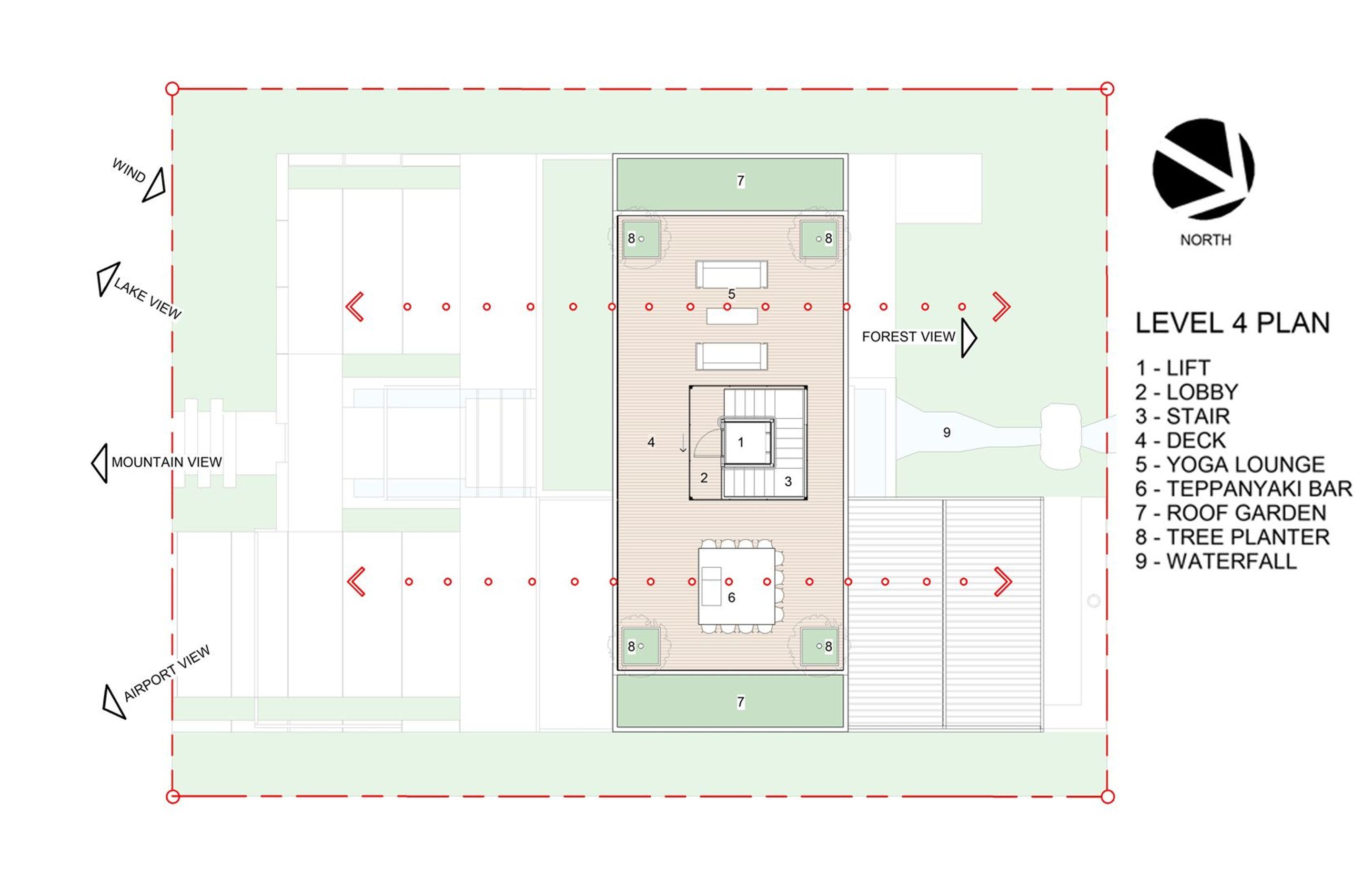 The rooftop terrace on the fourth floor has a teppanyaki bar and a yoga lounge with 360-degree views of the surrounding landscape, and is accessed by the stair and lift shaft central core.