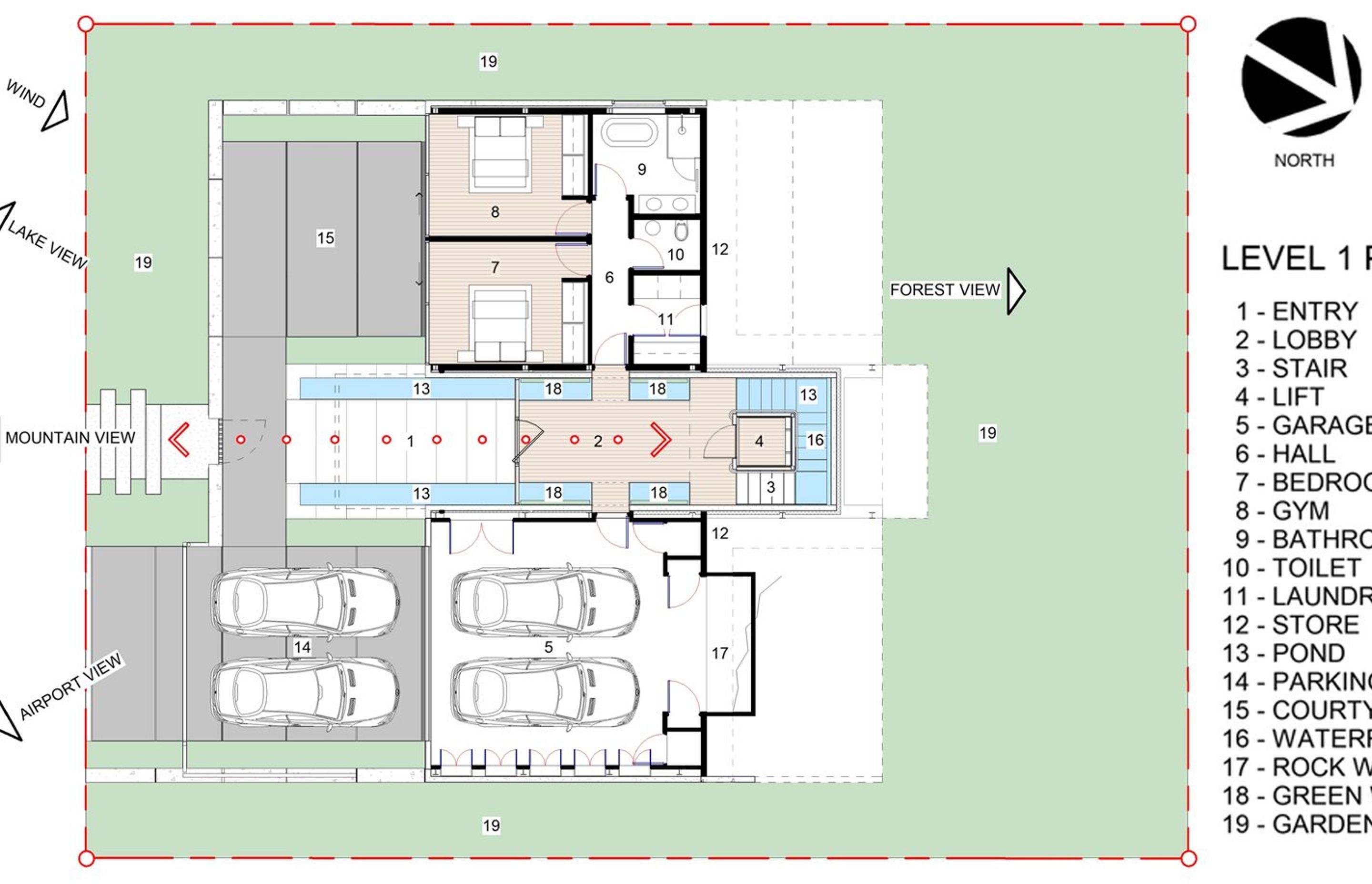 The plan of the first floor indicates the front courtyard, main entrance into the central lift and stairwell, a two-car garage and guest bedrooms.
