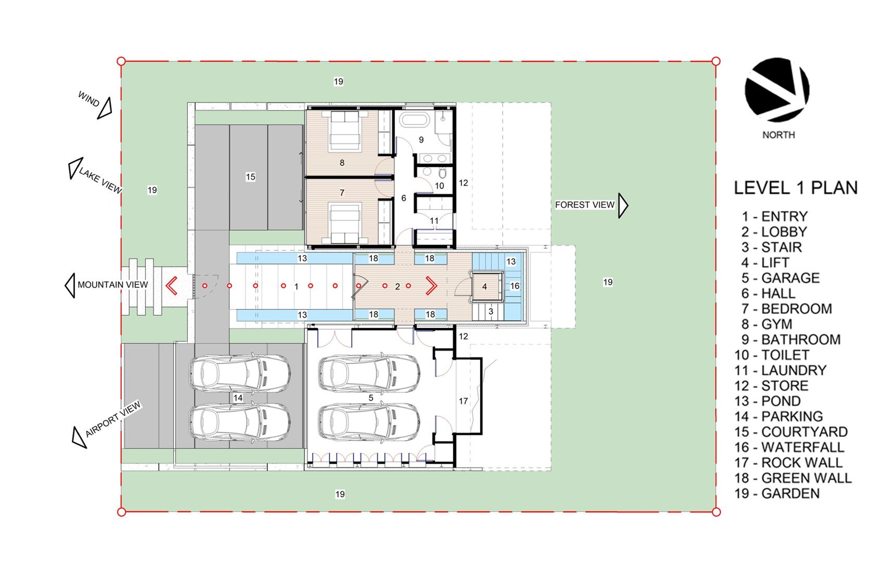 The plan of the first floor indicates the front courtyard, main entrance into the central lift and stairwell, a two-car garage and guest bedrooms.