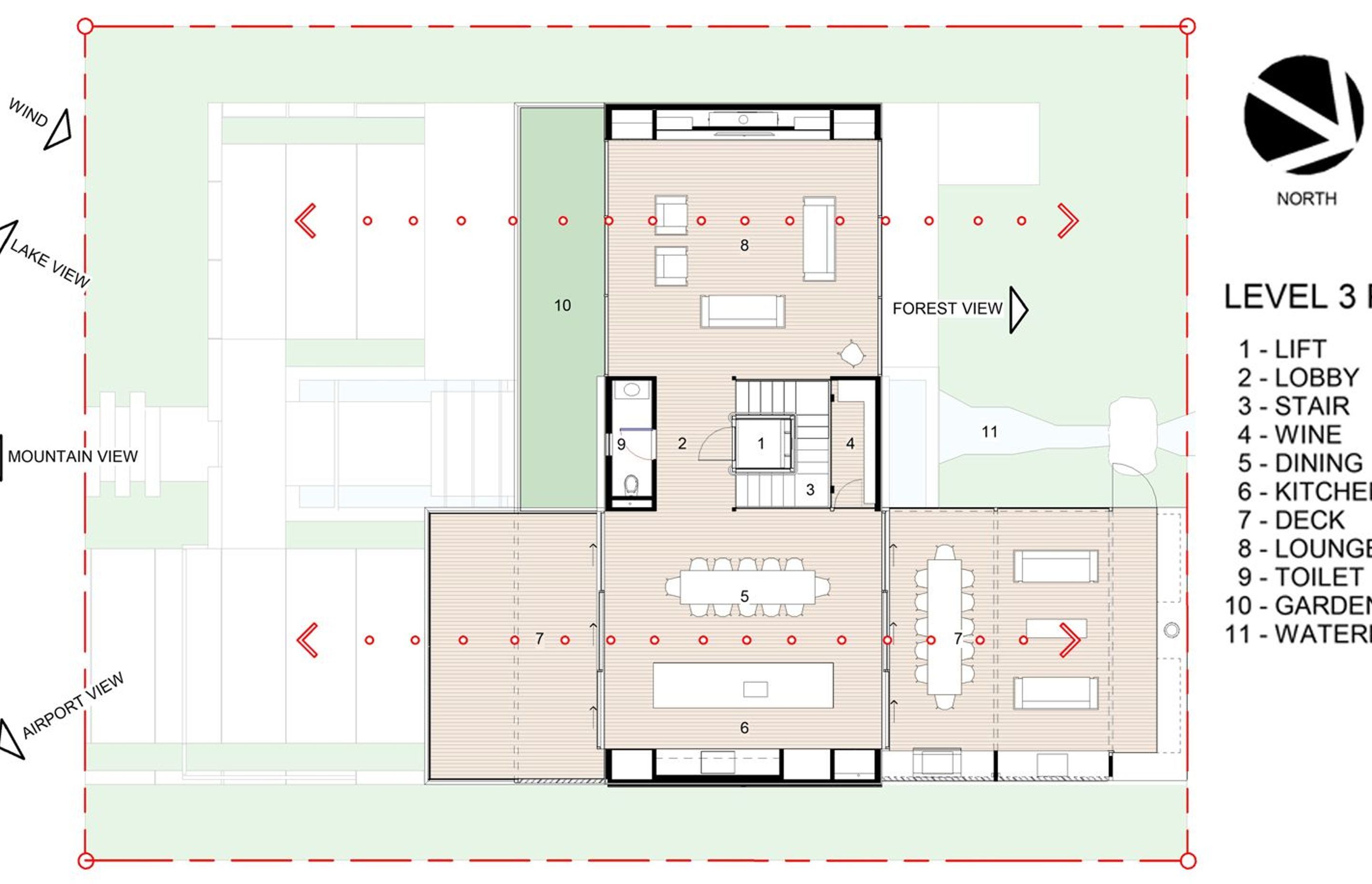The third-level plan shows the outdoor room (7), the kitchen/dining area and the main lounge with views facing north and south. The bar is adjacent to all the kitchens and dining spaces.