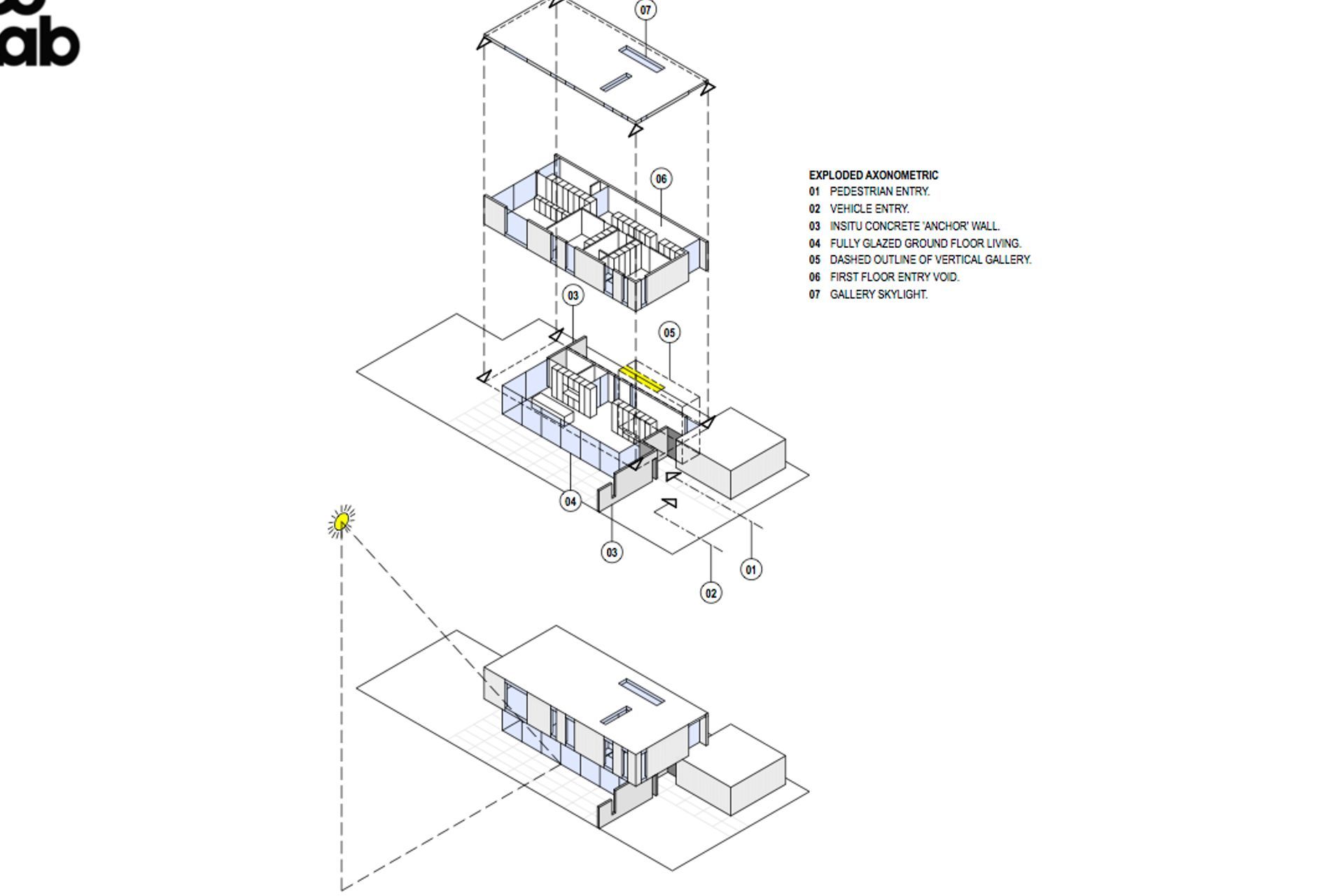 Exploded axometric diagram of Churchill House by CoLab Architecture.