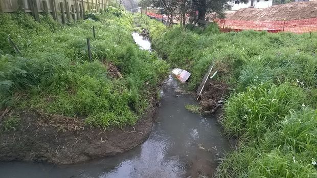 A narrow, muddy drainage creek or stream runs through dense overgrown grass and weeds, with timber fencing on the left, temporary orange safety mesh and disturbed earth in the background, and scattered debris along the banks. The image documents an outdoor site or landscape condition rather than a building or designed room.