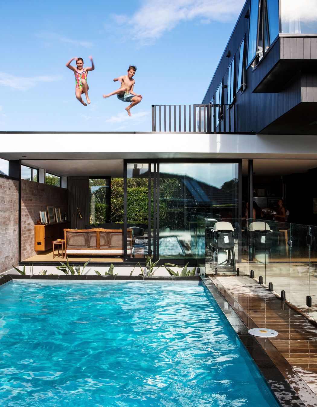 Inspired by the iconic Stahl House* in California, where the kids can jump straight off the roof into the pool.