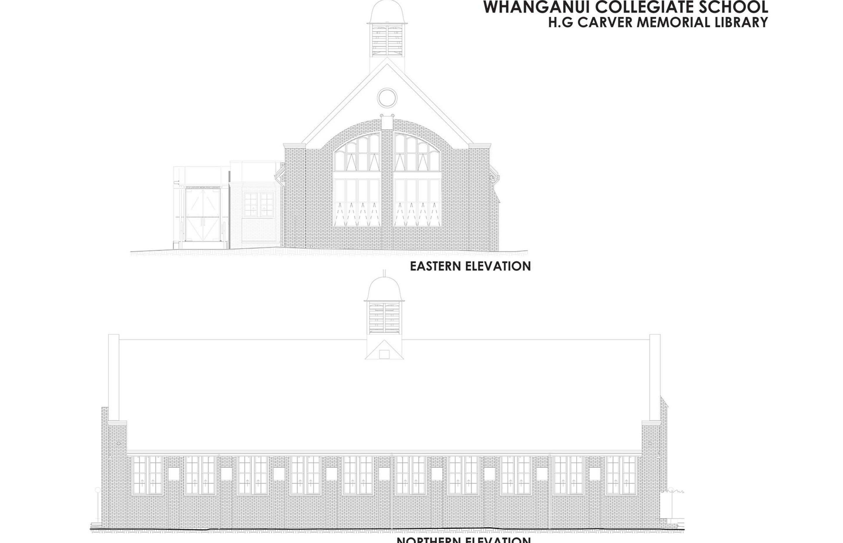 HG Carver Memorial Library: eastern and northern elevations. Drawing by RTA Studio.