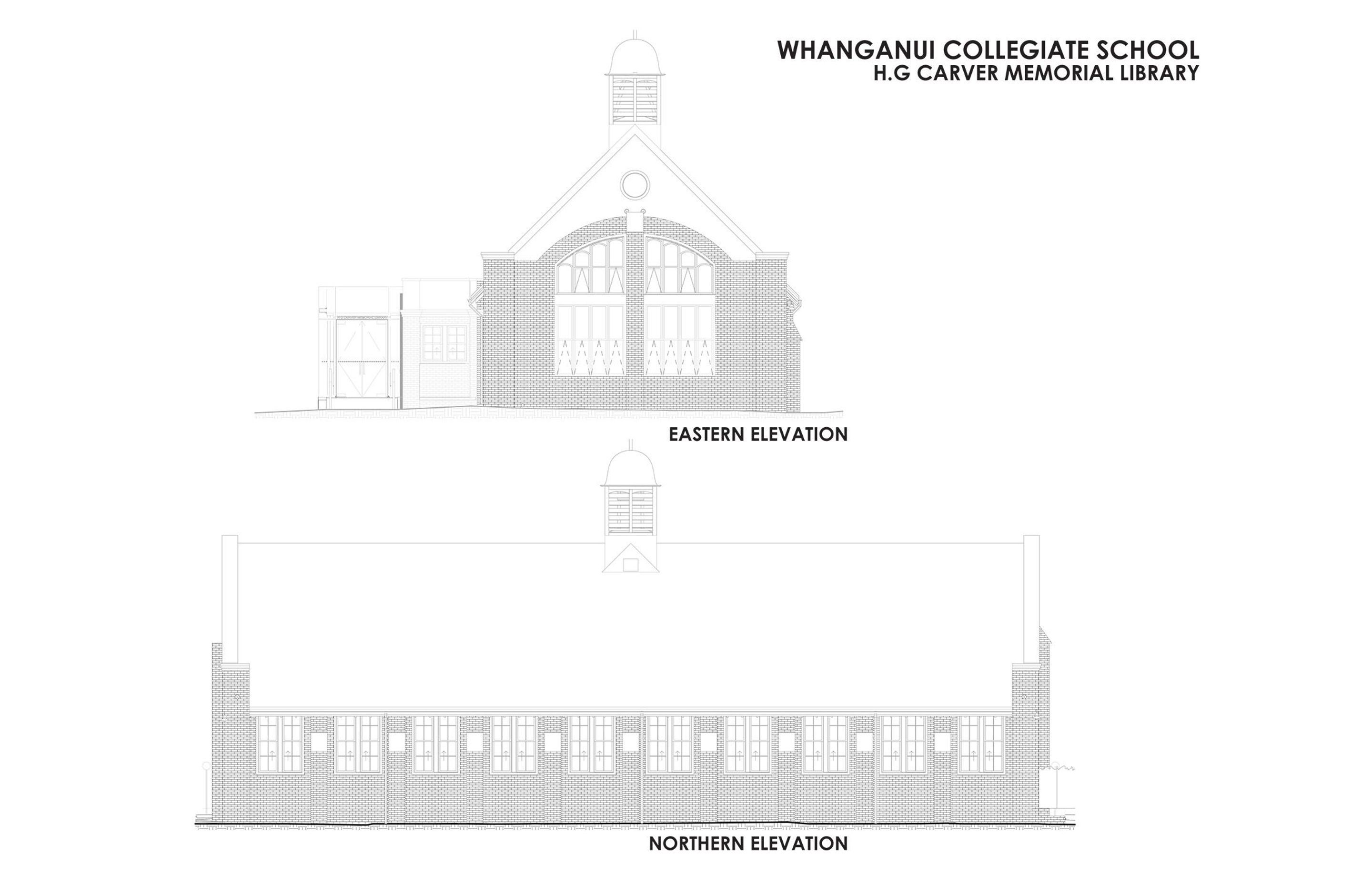 HG Carver Memorial Library: eastern and northern elevations. Drawing by RTA Studio.