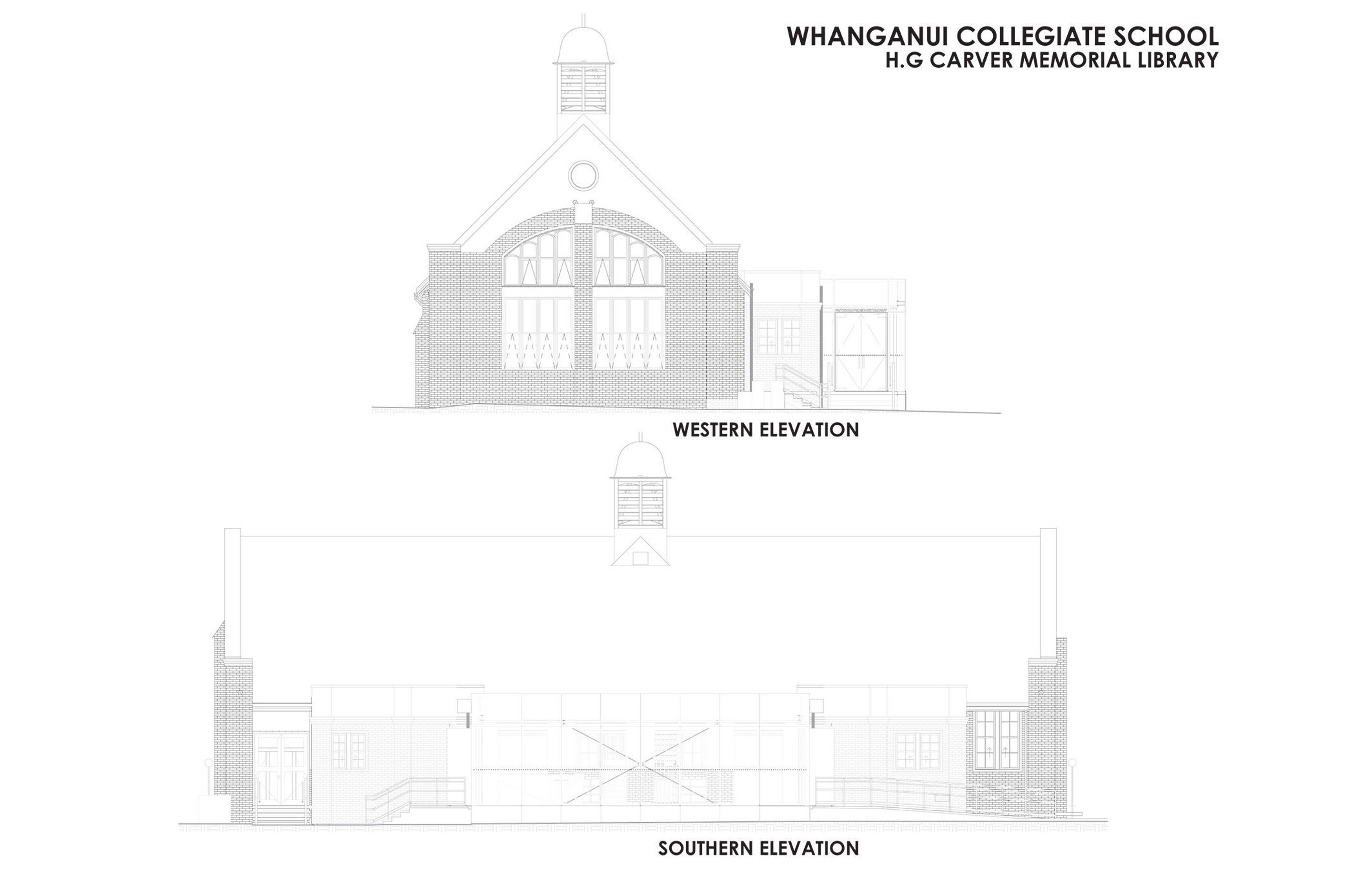 HG Carver Memorial Library: western and southern elevations. Drawing by RTA Studio.