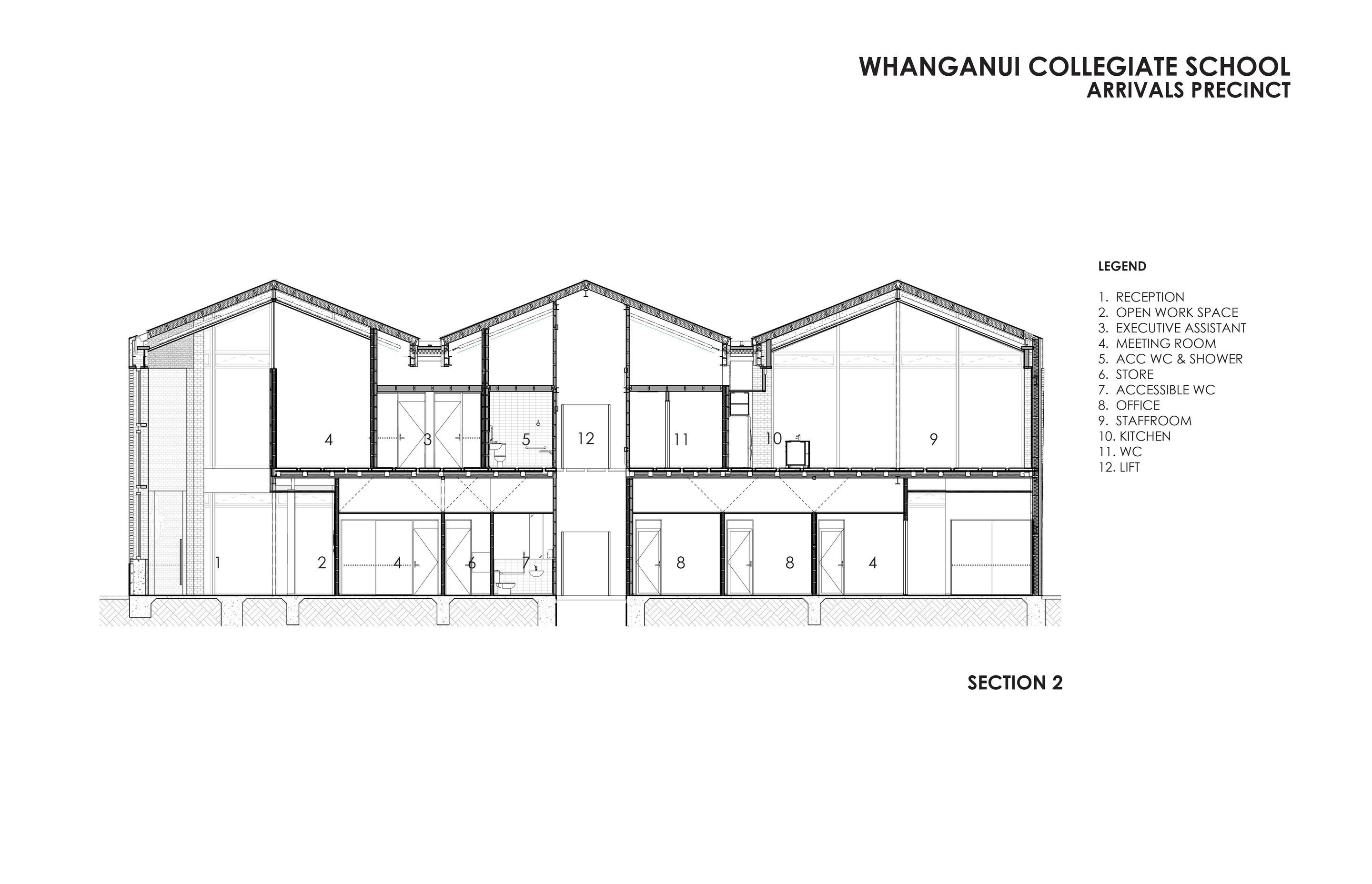 Arrivals Precinct: cross section by RTA Studio shows the reception, open work space, kitchen and so on.