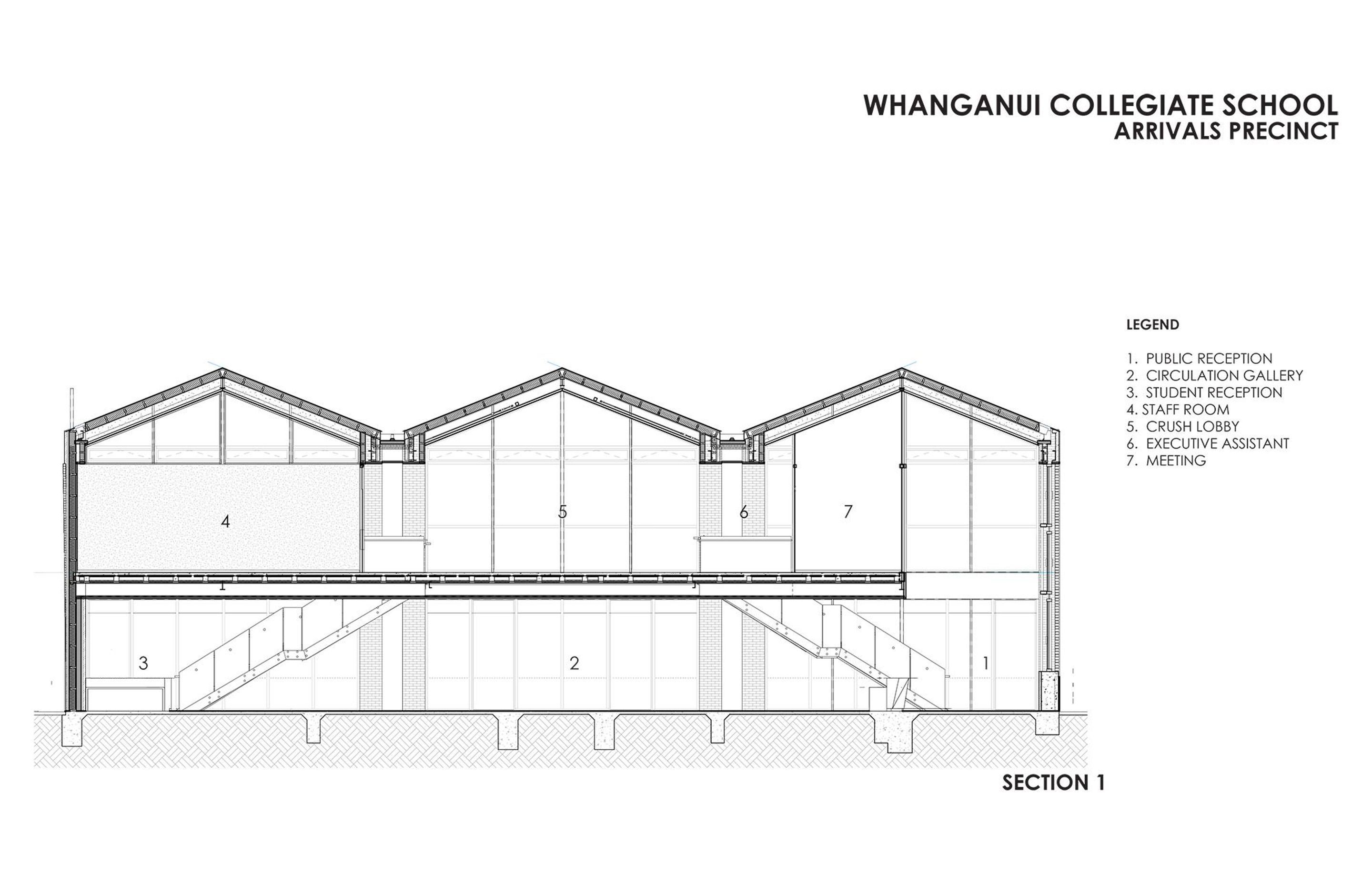 A section by RTA Studio indicates a cut-through of the student reception, circulation gallery, staff room, etc.