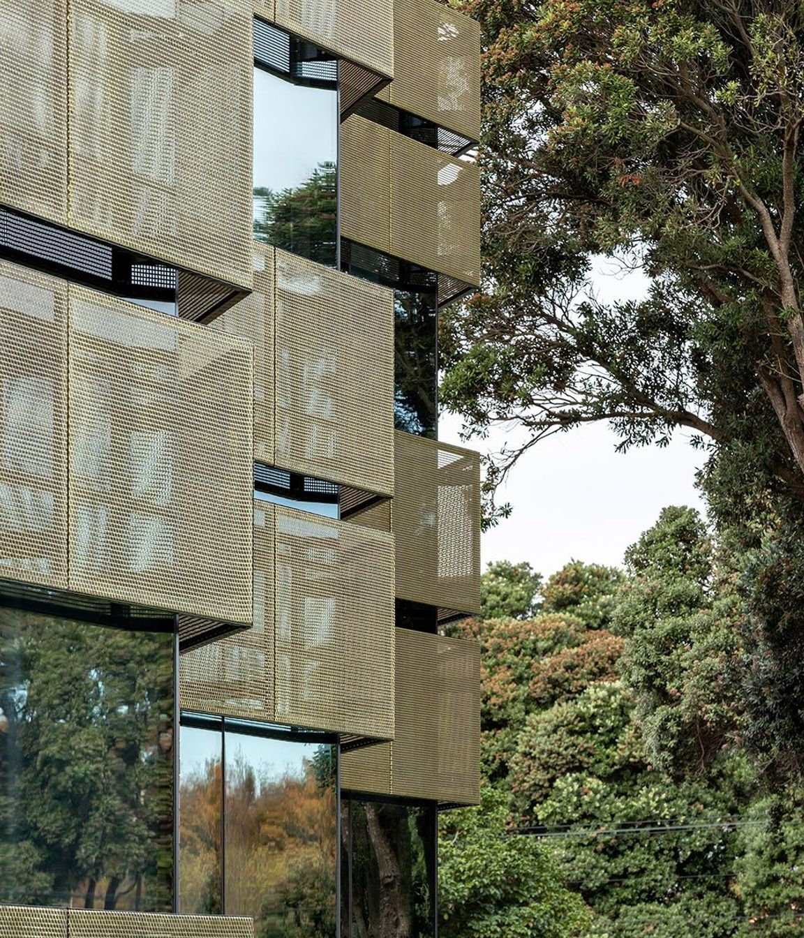 Brass sun-shade screens protect against glare and minimise solar gain wthin the interior. The use of brass is a nod to the traditional fixtures seen in the old school.