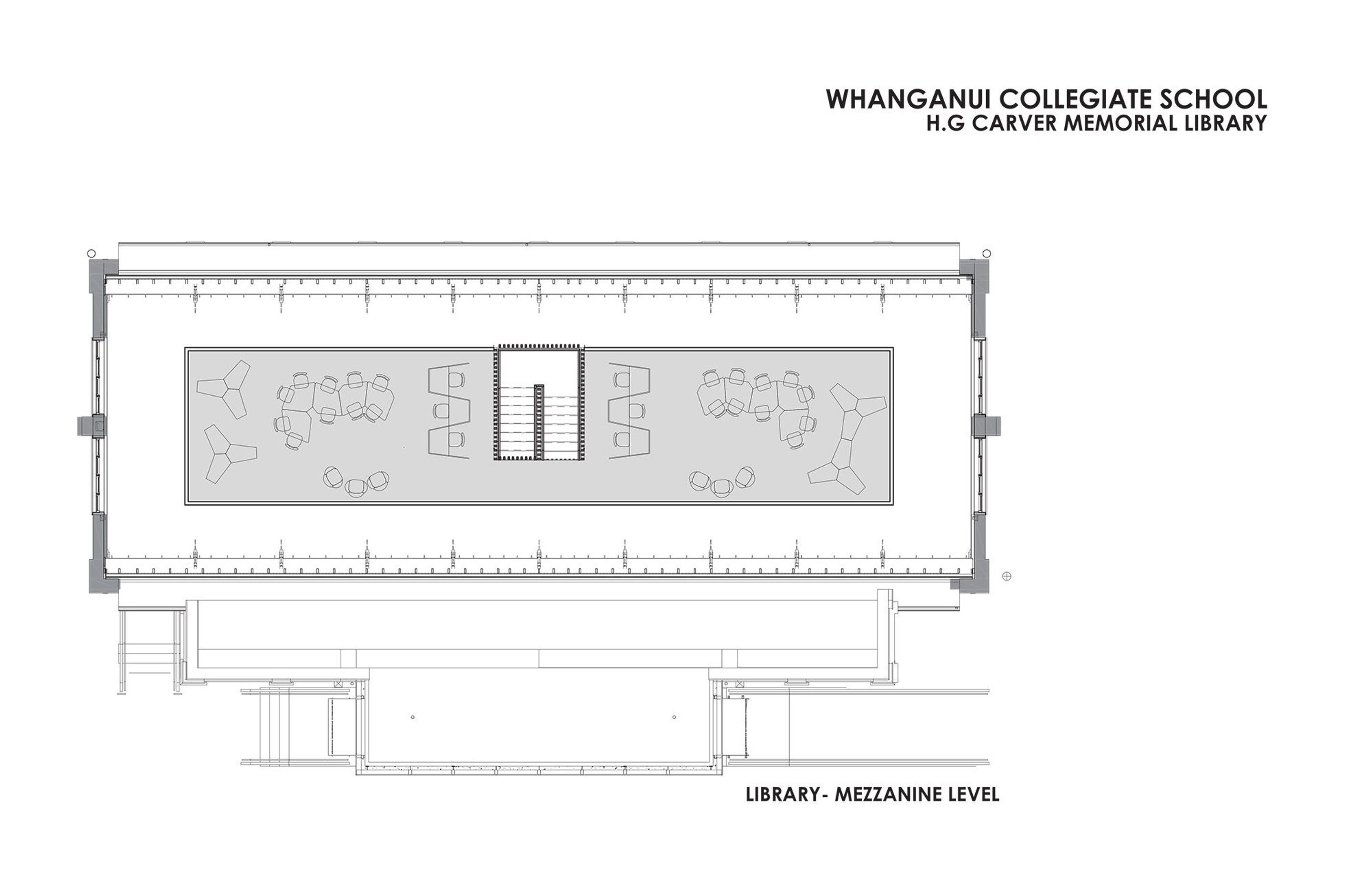 HG Carver Memorial Library: mezzanine-level floor plan. Drawing by RTA Studio.