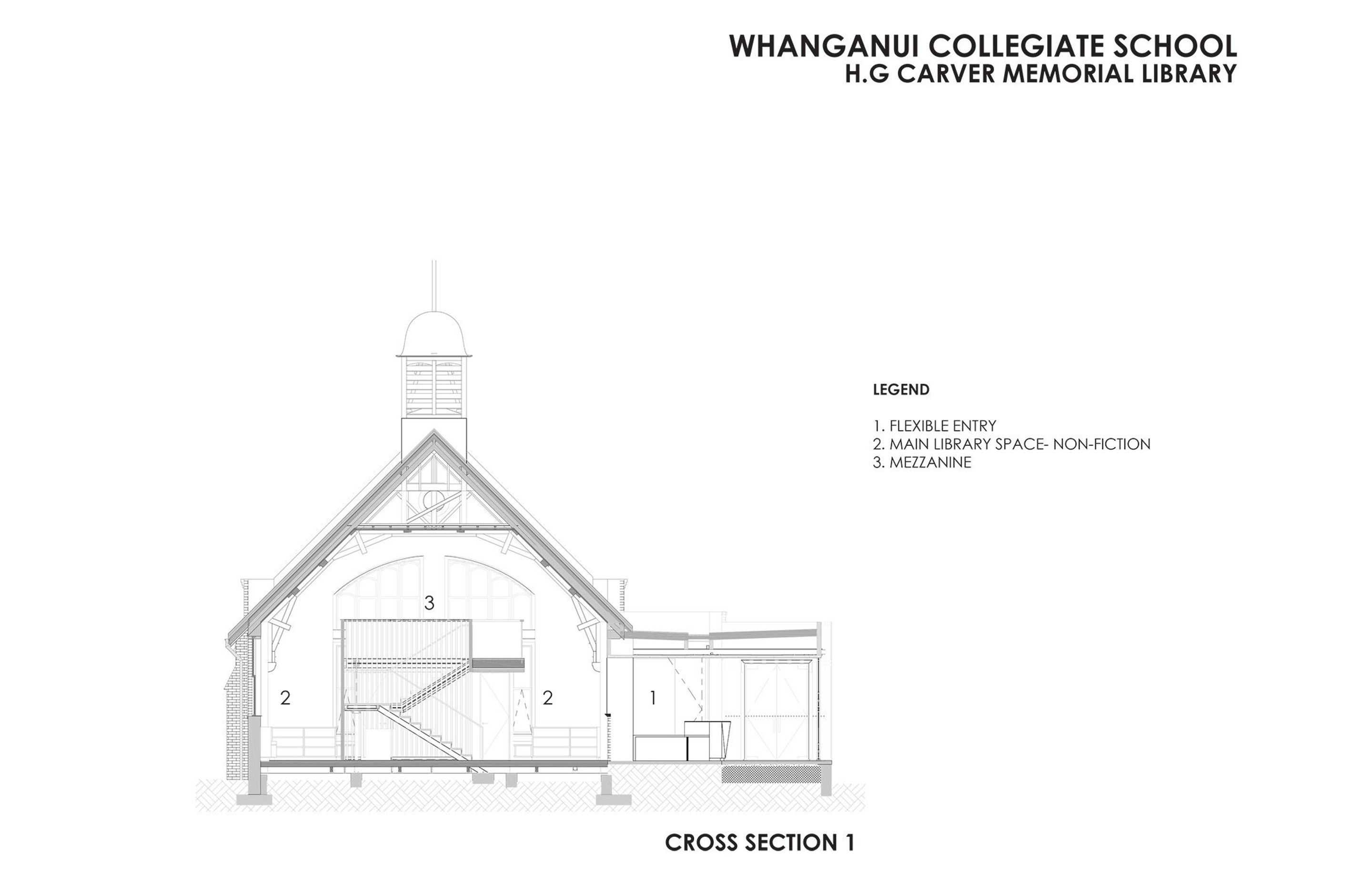 HG Carver Memorial Library: cross-section shows the newly inserted mezzanine and entrance. Drawing by RTA Studio.