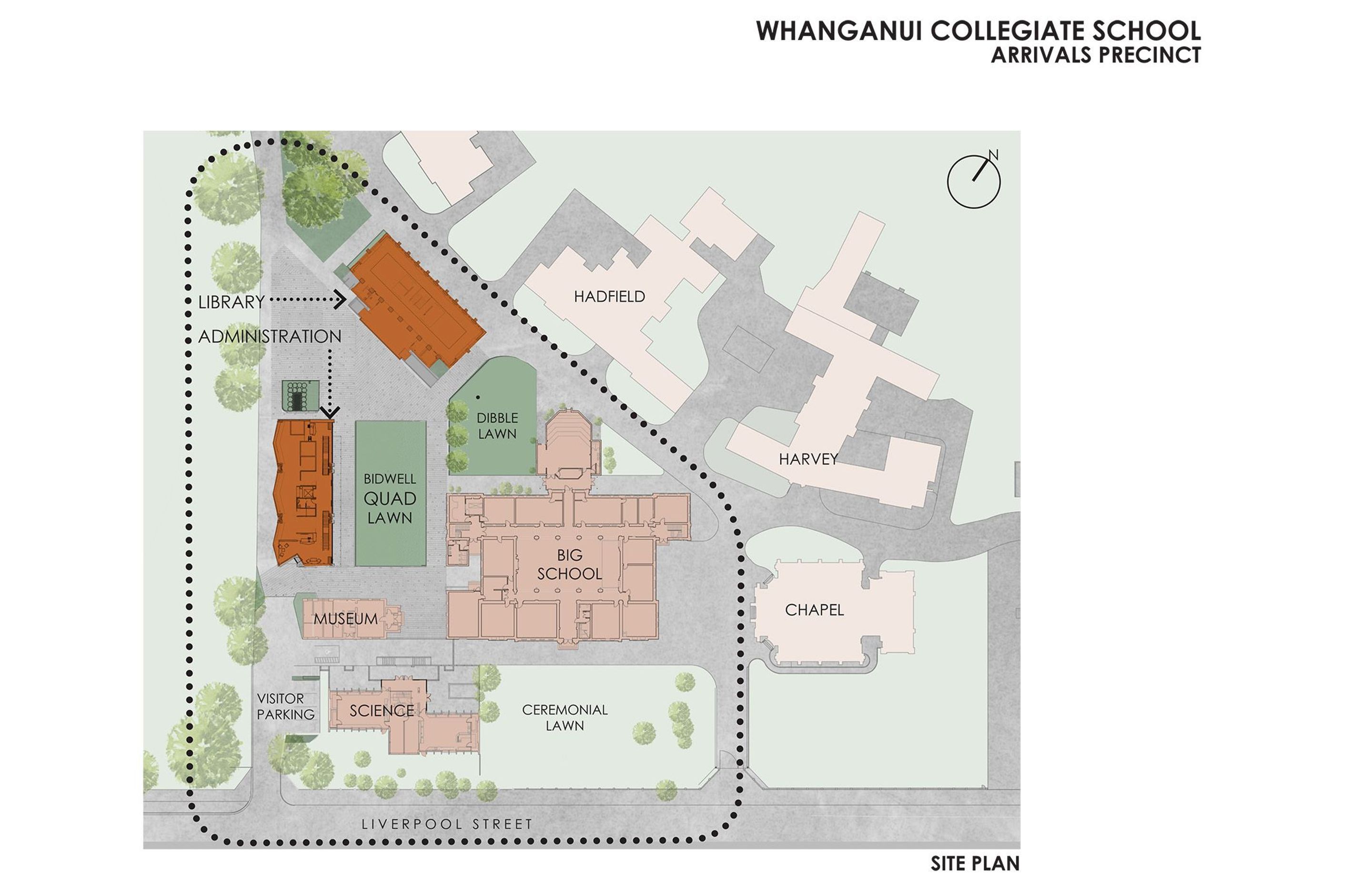 RTA Studio's revised site plan with the restored library and new administration and arrivals building indicated in orange.