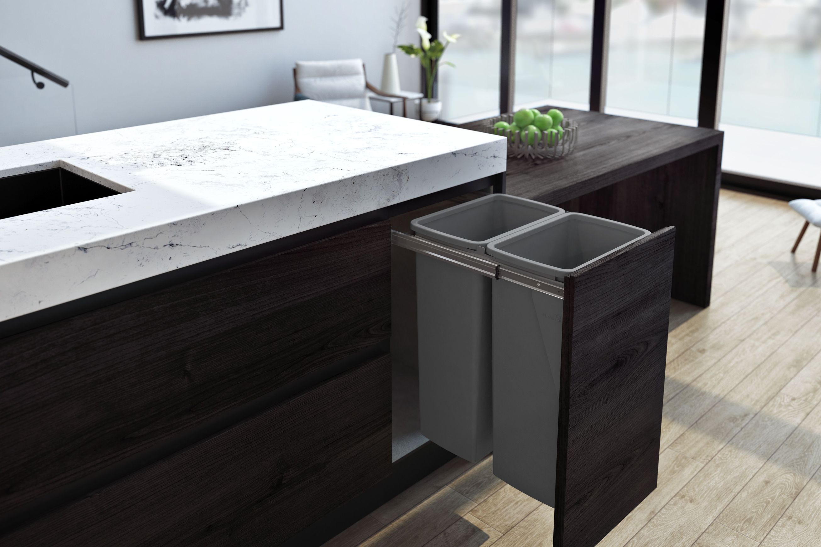 Compact Bin Storage - 2 x 40 Litre Buckets - Cinder - Door Pull