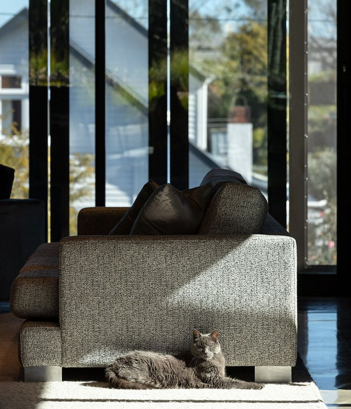 The ultimate modernity of this home contrasts with the otherwise traditional vernacular of the streetscape.