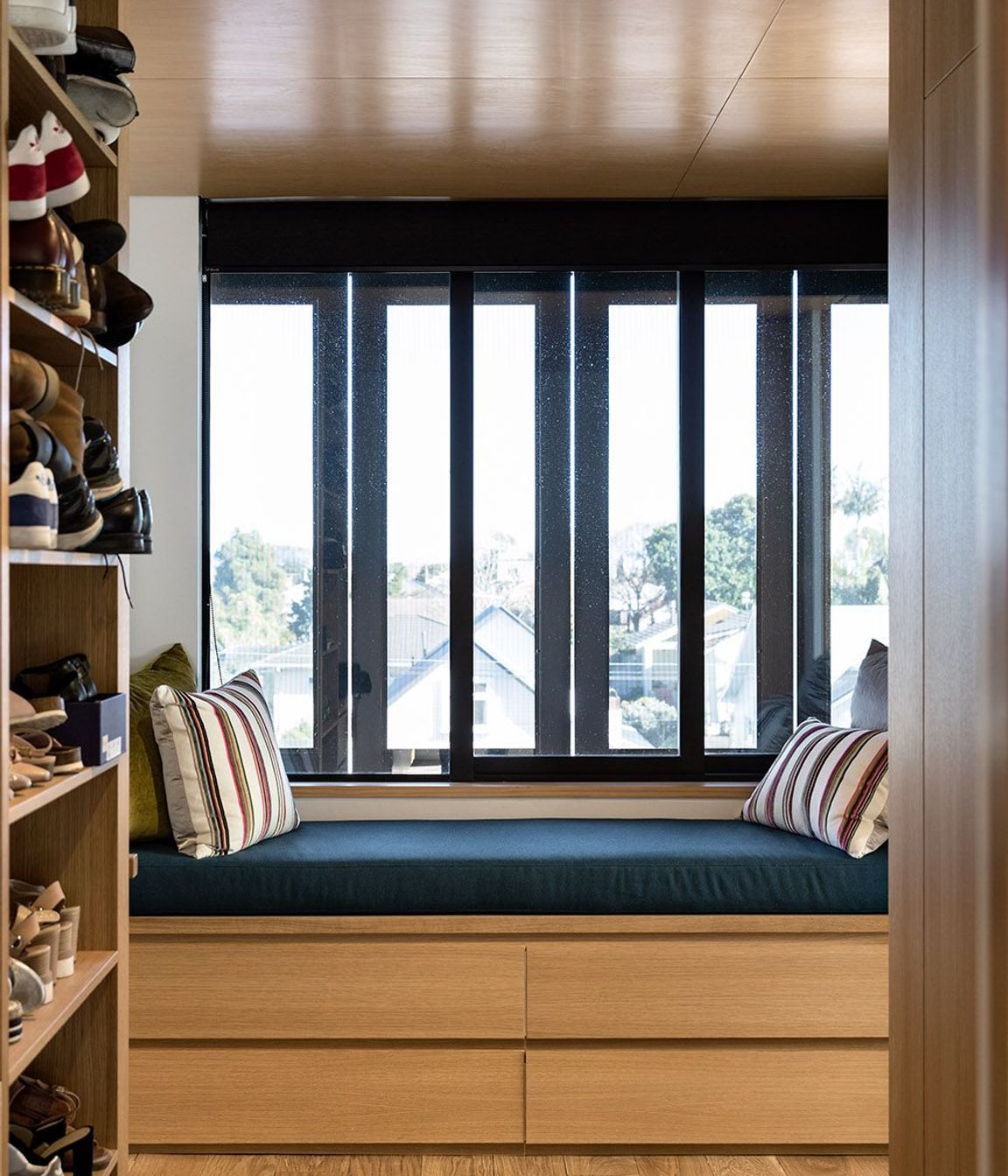 In the master suite, the bed is oriented towards the morning sun, while the ensuite captures the setting sun.