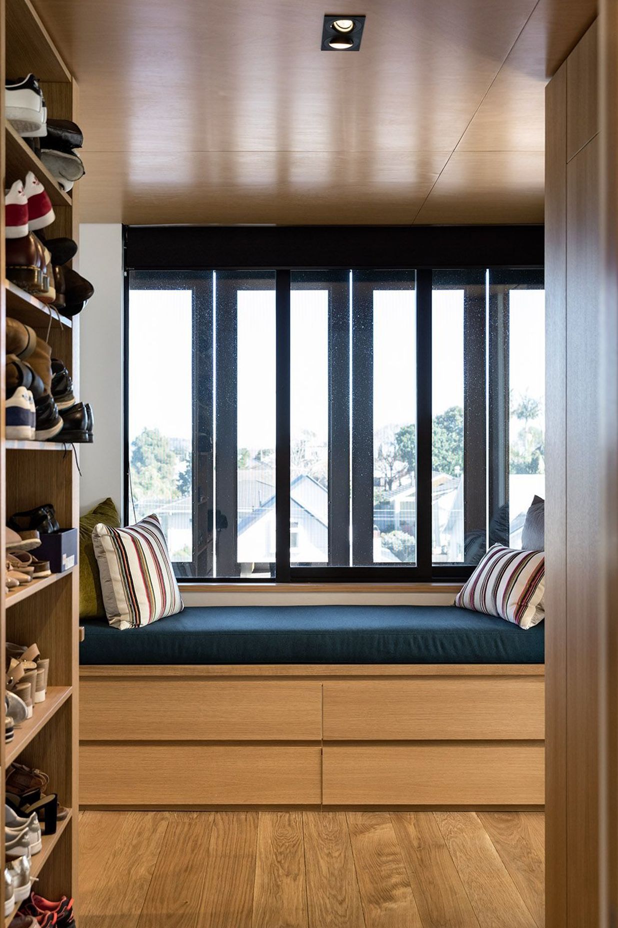 In the master suite, the bed is oriented towards the morning sun, while the ensuite captures the setting sun.