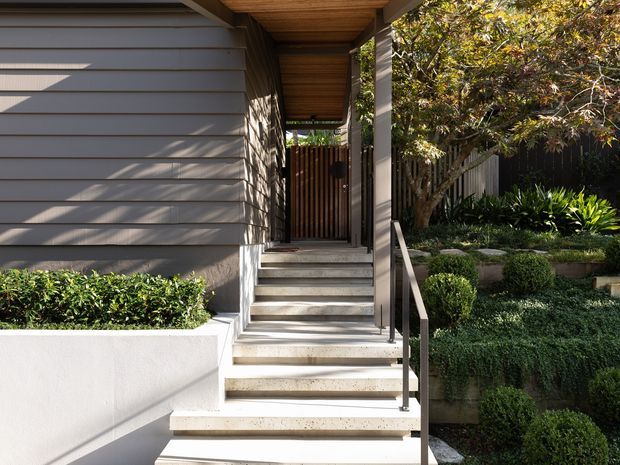 A landscaped exterior entry stairway leading to a timber front door beneath a covered porch. The facade combines horizontal grey weatherboard cladding with timber soffit lining, dark metal framing and balustrades, and pale concrete or stone steps. Layered garden beds with clipped shrubs and groundcover border the approach.