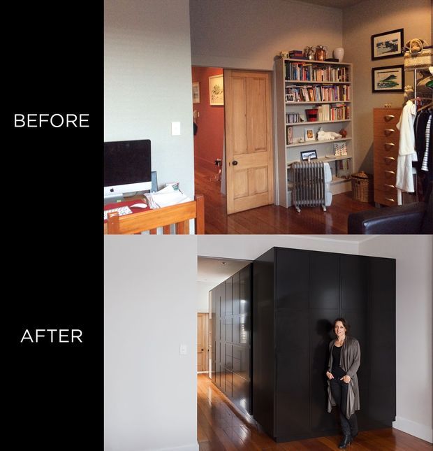 Before-and-after composite showing a residential interior transformation. The upper image depicts a cluttered room with timber flooring, a timber door, open shelving filled with books, a desk, clothing, and miscellaneous storage. The lower image shows the renovated space with a large, sleek black built-in cabinetry or wardrobe volume forming a strong architectural feature in a clean hallway or room, alongside polished timber flooring and light neutral walls.