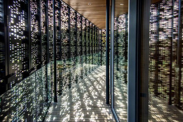 A narrow, highly reflective corridor or passage lined with dark patterned glass panels and extensive mirror-like glazing. The reflective surfaces create a repeating illuminated pixel-like pattern, while a warm timber ceiling and pale flooring provide contrast. The space has a dramatic, immersive, contemporary appearance.
