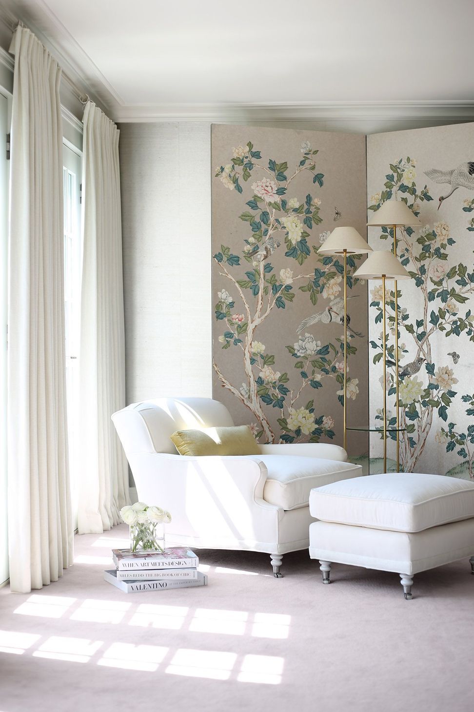 Seating area by french doors.  Interiors by Lisa Tharp.