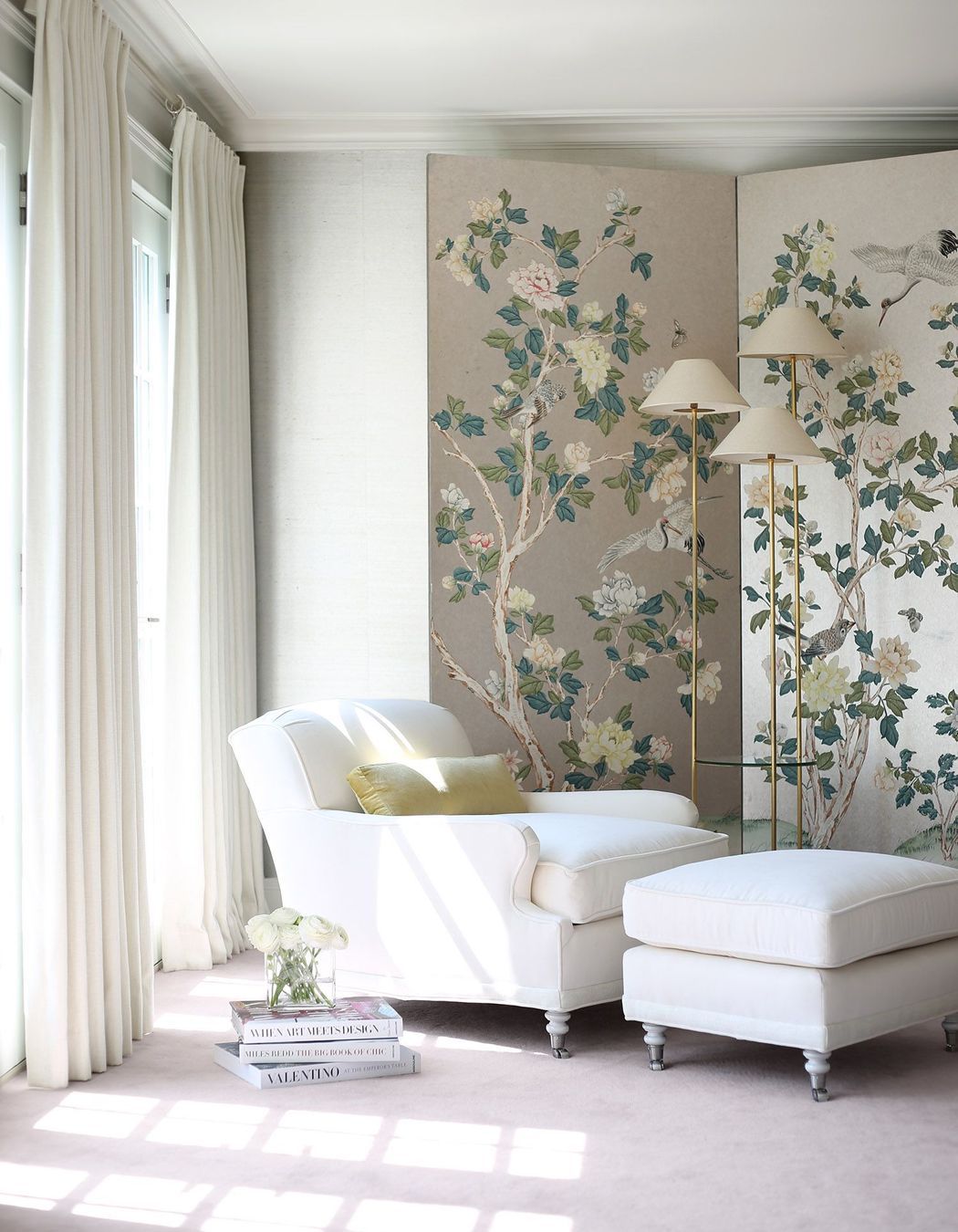 Seating area by french doors.  Interiors by Lisa Tharp.