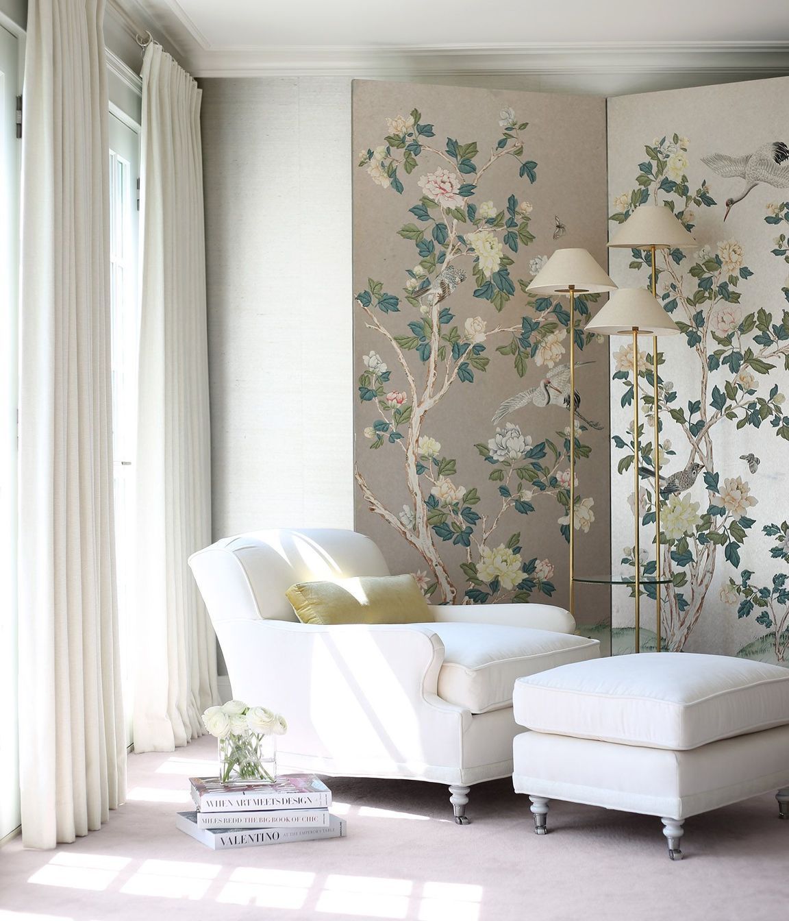 Seating area by french doors.  Interiors by Lisa Tharp.