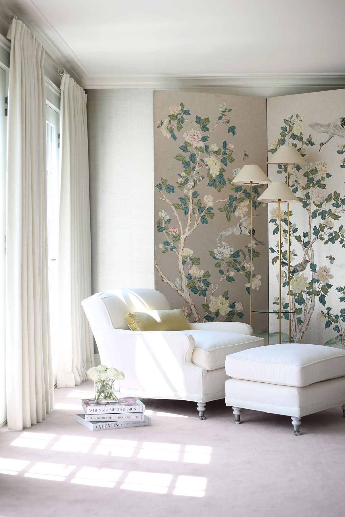 Seating area by french doors. Interiors by Lisa Tharp.