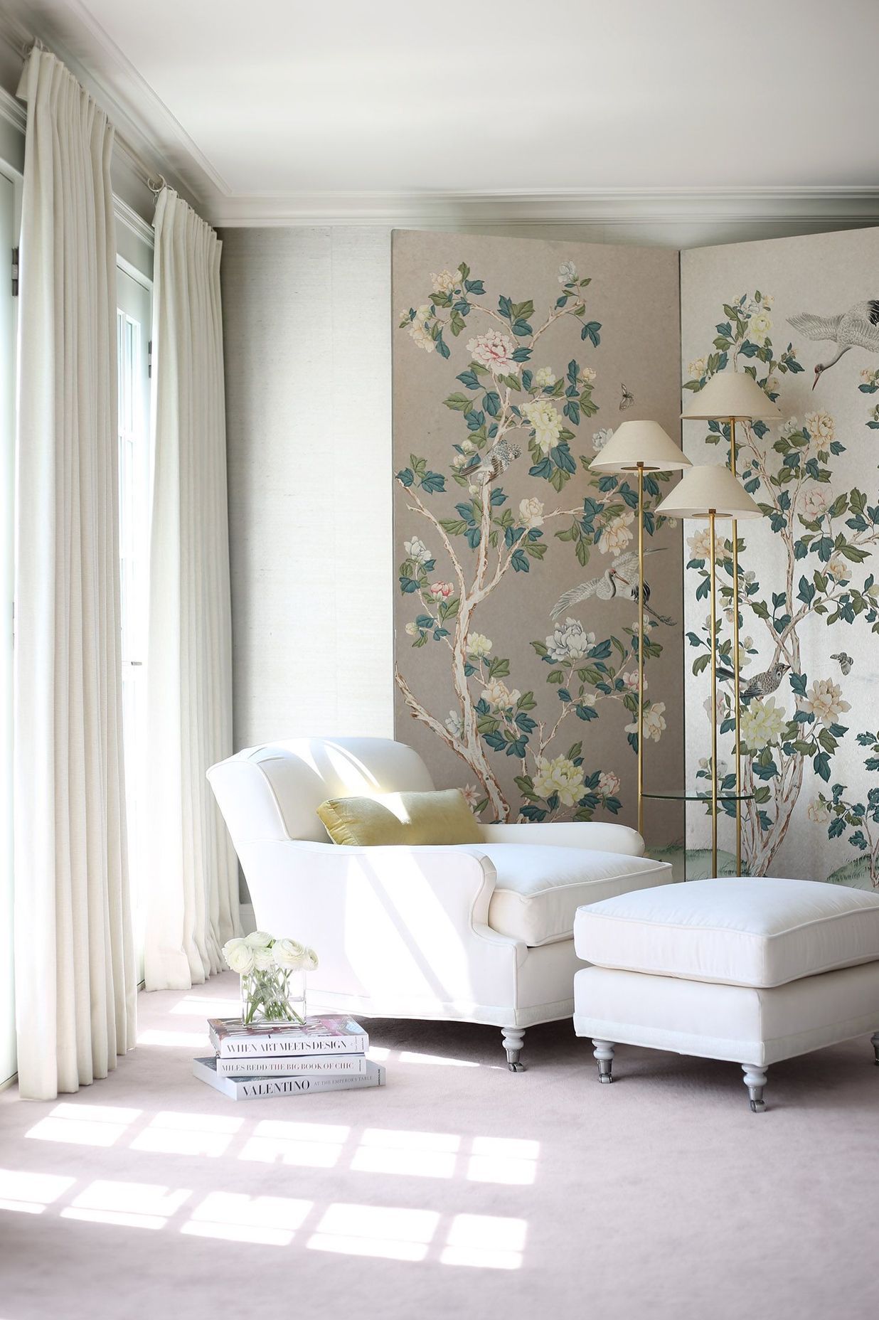 Seating area by french doors.  Interiors by Lisa Tharp.