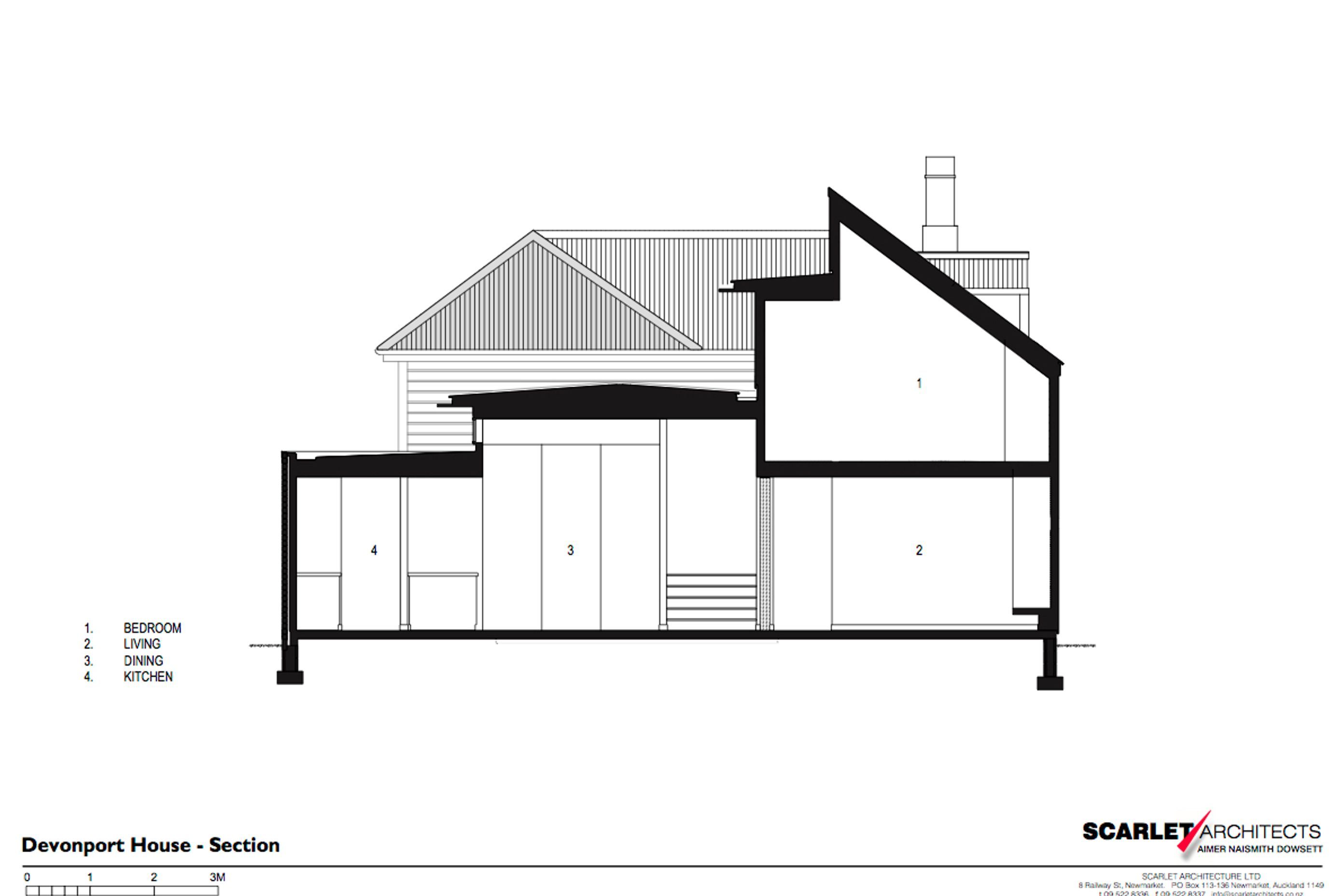 This section through the new extension shows the ground floor and the lofty space within the first-floor bedroom, by Scarlet Architects.