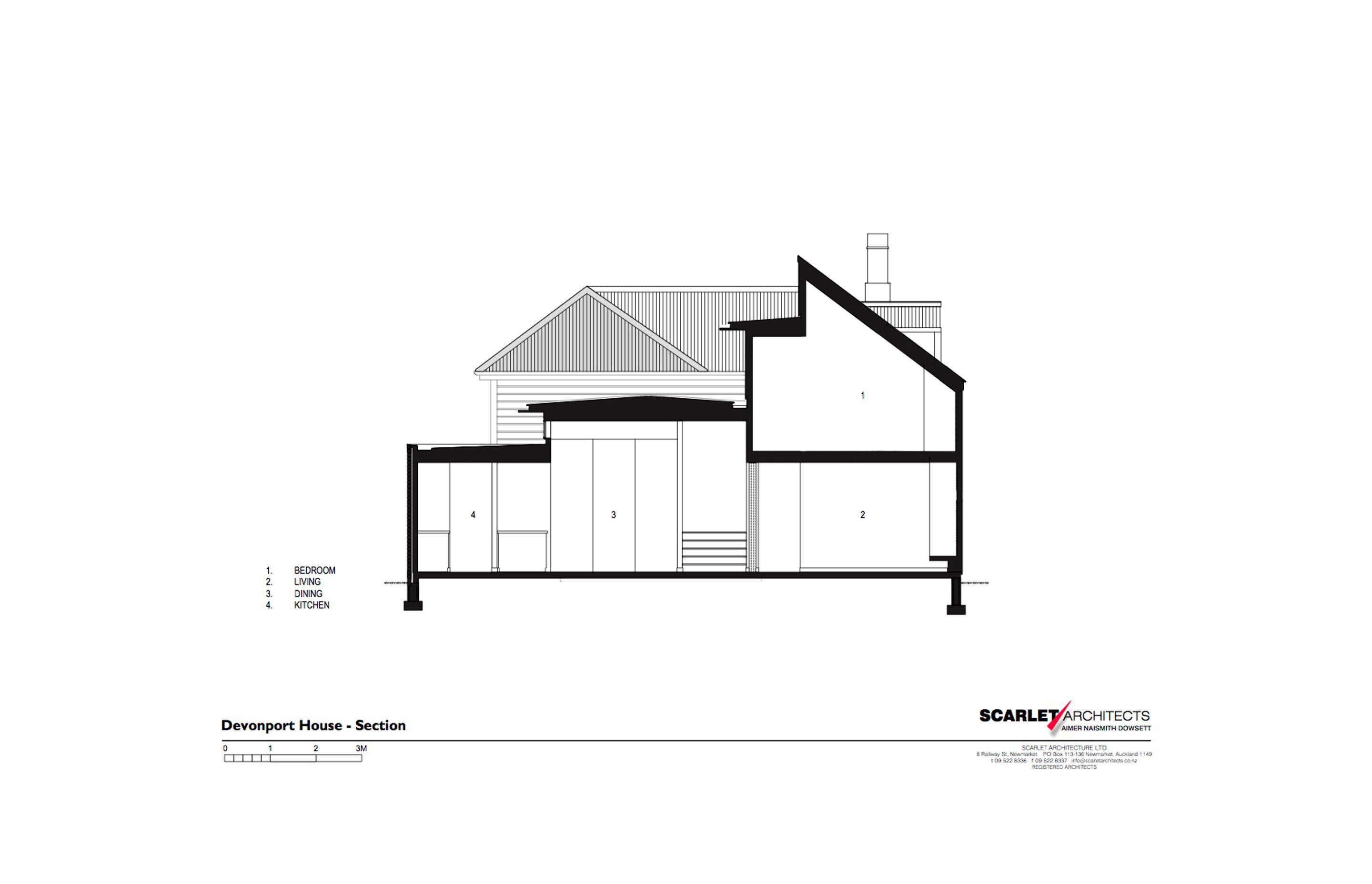 This section through the new extension shows the ground floor and the lofty space within the first-floor bedroom, by Scarlet Architects.