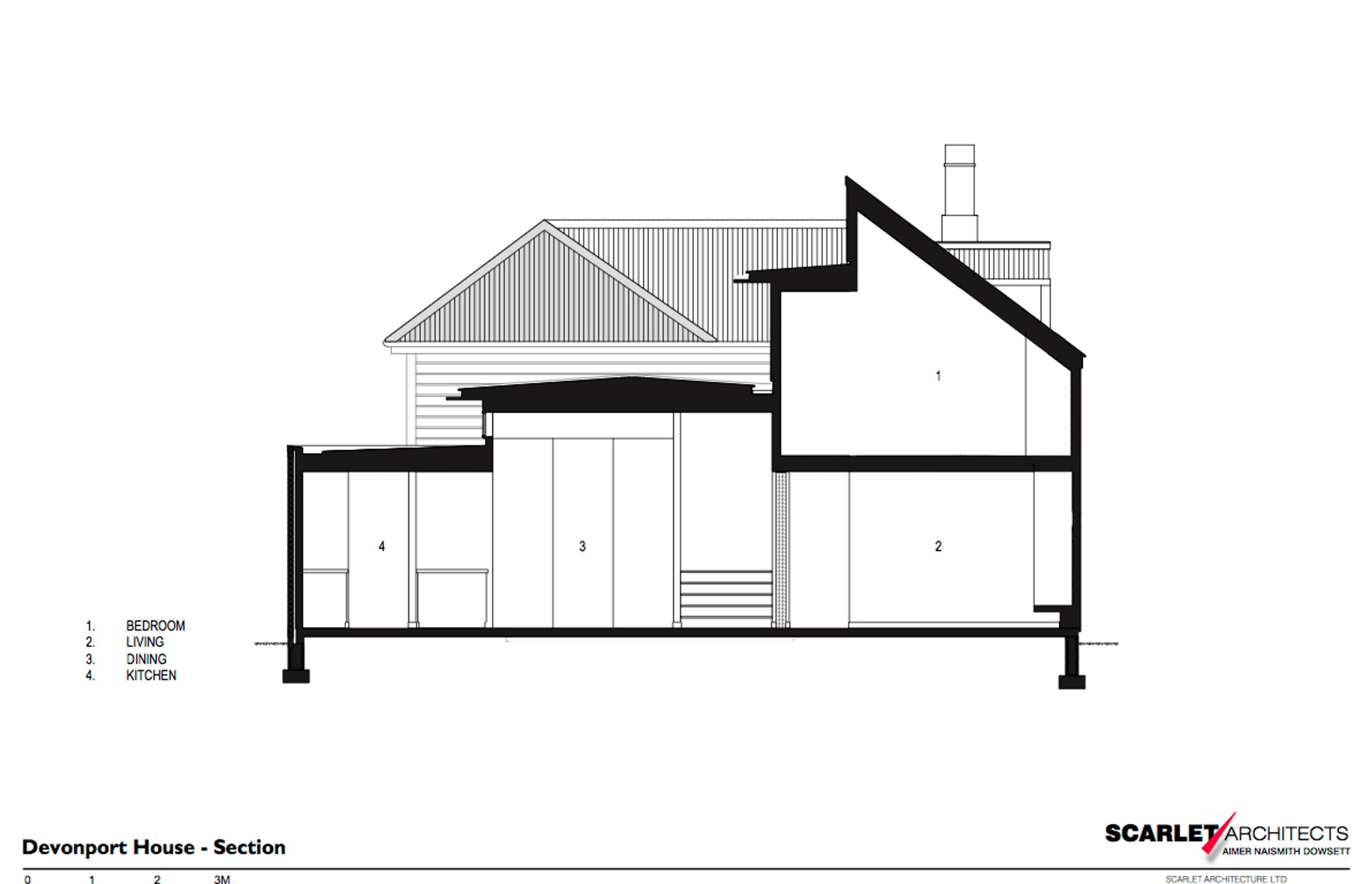 This section through the new extension shows the ground floor and the lofty space within the first-floor bedroom, by Scarlet Architects.