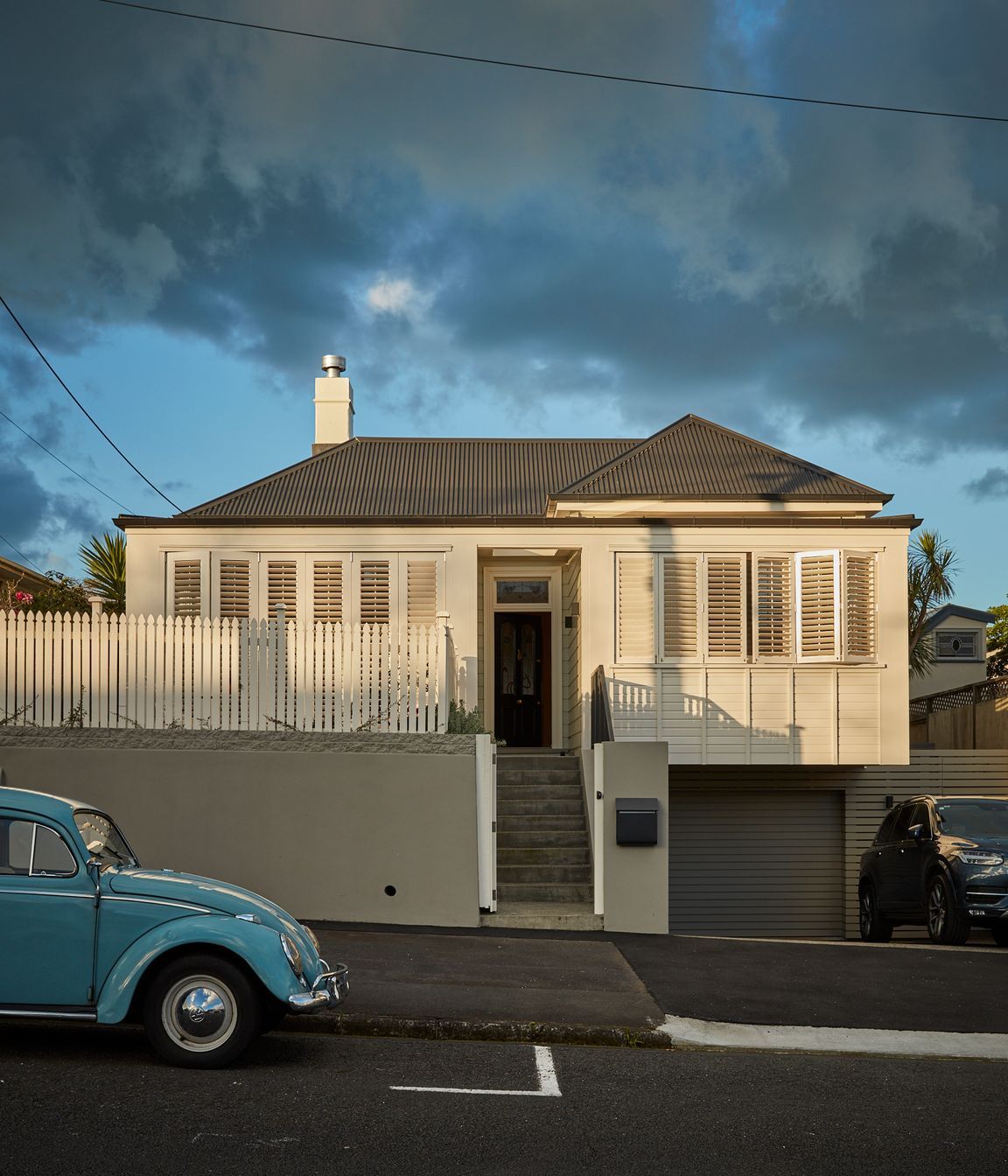 The villa at dusk.