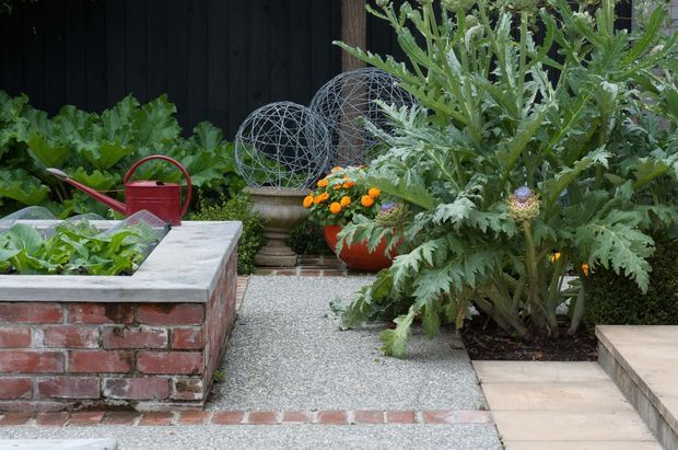 A landscaped courtyard garden with a raised brick planter edged in pale concrete, dense leafy and flowering plants, a red watering can, decorative wire spheres, and a paved gravel-textured pathway leading to timber steps. A dark vertical timber wall forms the backdrop.