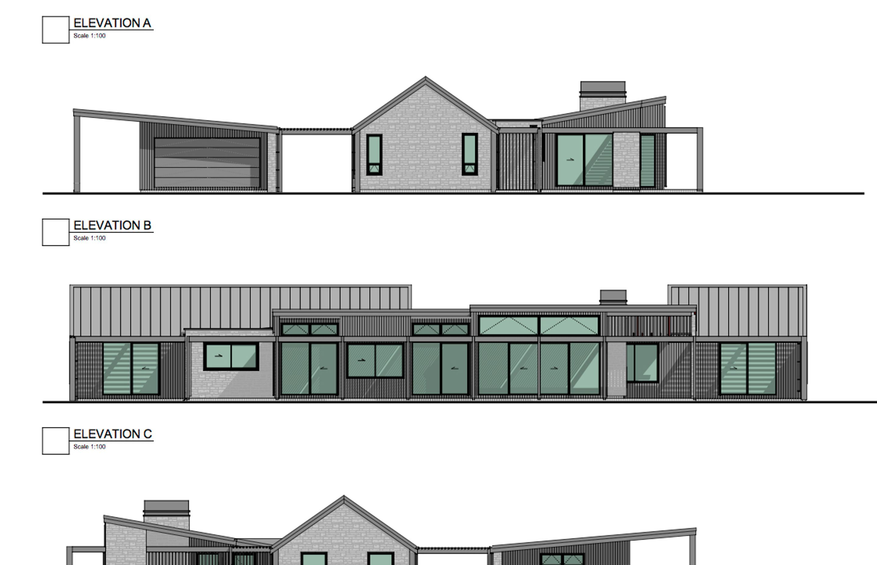Alpine Retreat elevations by Barry Connor Design. Scale 1:100.